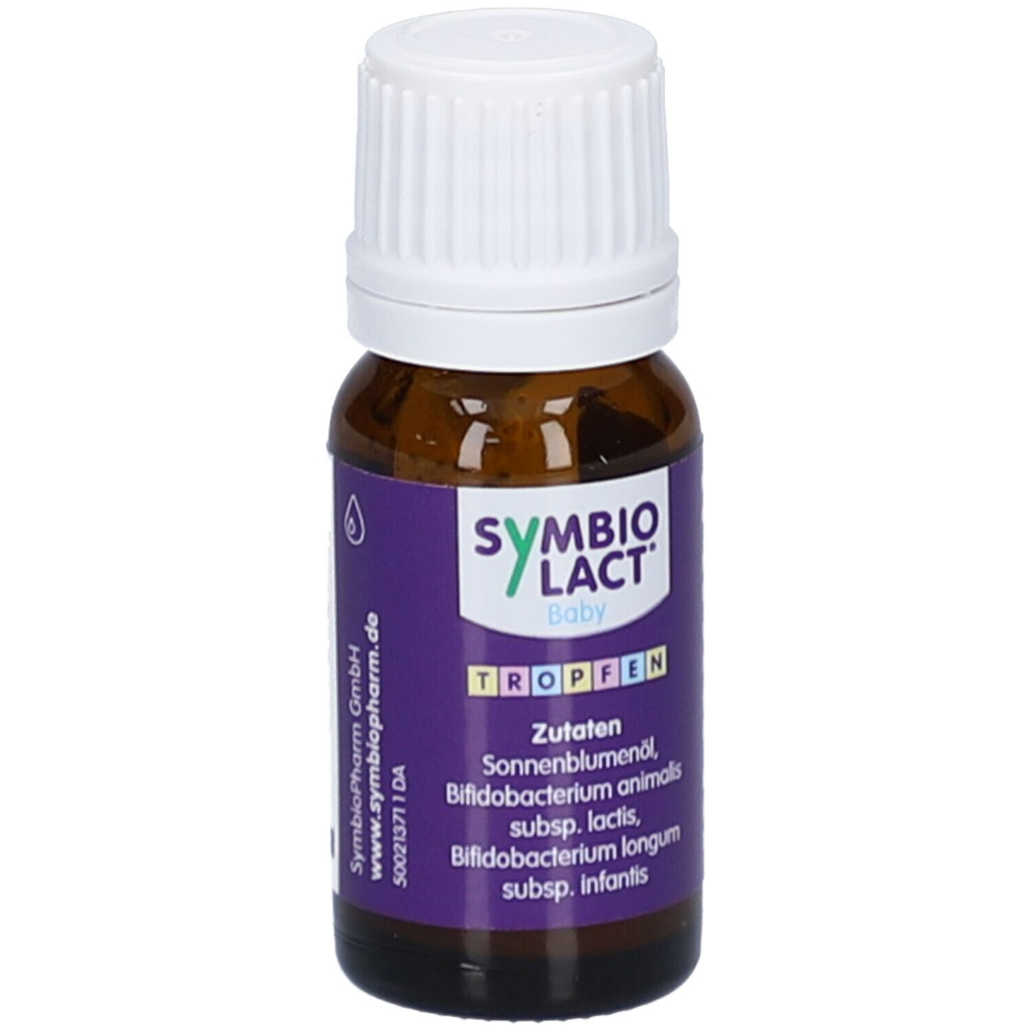 Braune Glasflasche mit weißem Deckel. Lila Etikett mit Produktnamen und Inhaltsstoffen. Tropfen.