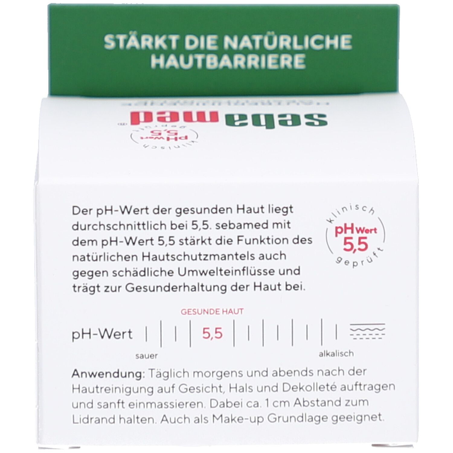 Produktverpackung, Detail. Text über pH-Wert und Anwendung. Marke: sebamed.