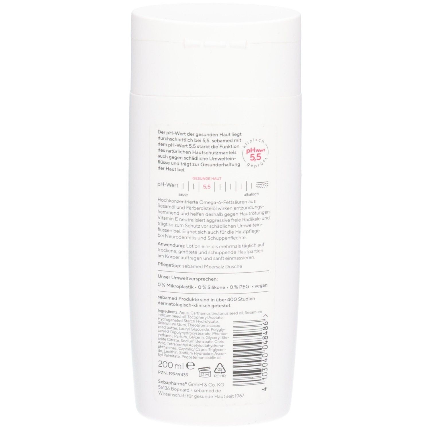 Rückseite der weißen Flasche. Text: pH 5,5, Omega-6-Fettsäuren, Vitamin E. Inhaltsangaben und Herstellerinformationen.