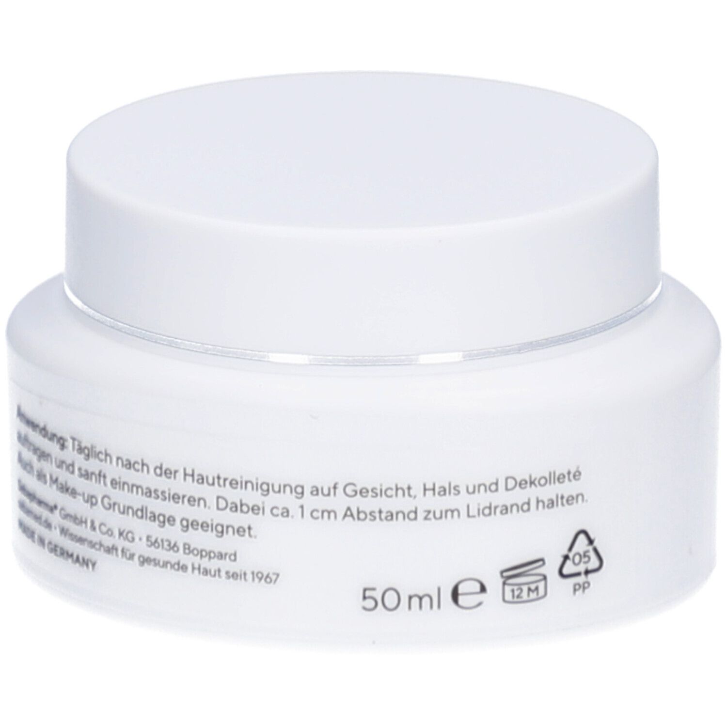 Weiße Creme-Dose mit Deckel. Aufschrift: sebamed. 50ml. Text. Recycling-Symbol. 12M. Made in Germany.