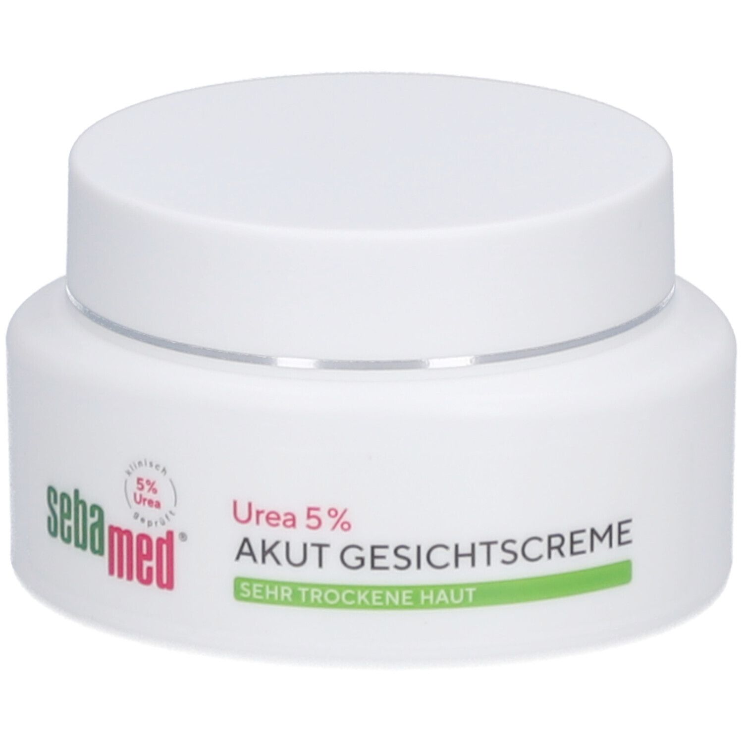 Weiße Creme-Dose mit Deckel. Aufschrift: sebamed. 5% Urea. Akut Gesichtscreme. Sehr trockene Haut.