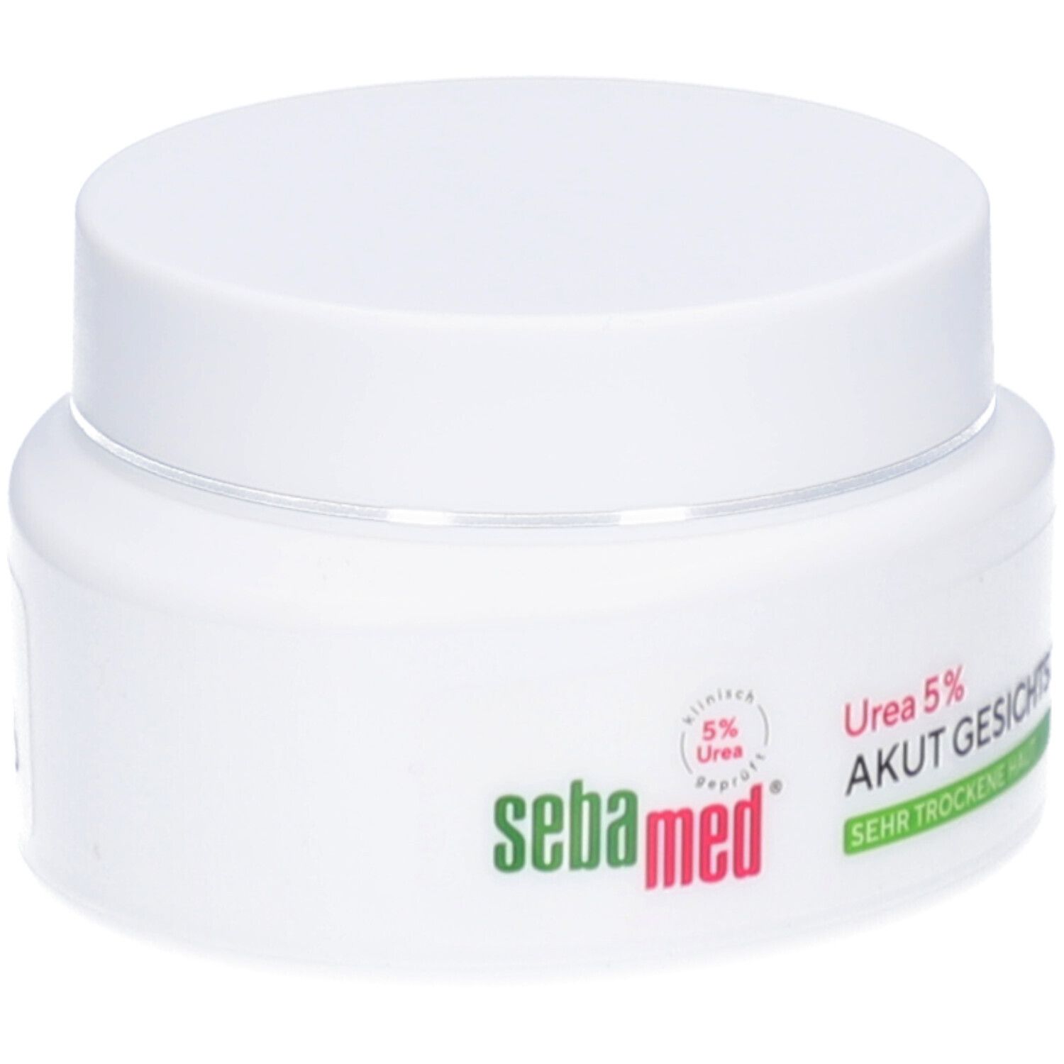 Weiße Creme-Dose mit Deckel. Aufschrift: sebamed. 5% Urea. Akut Gesichtscreme. Sehr trockene Haut.