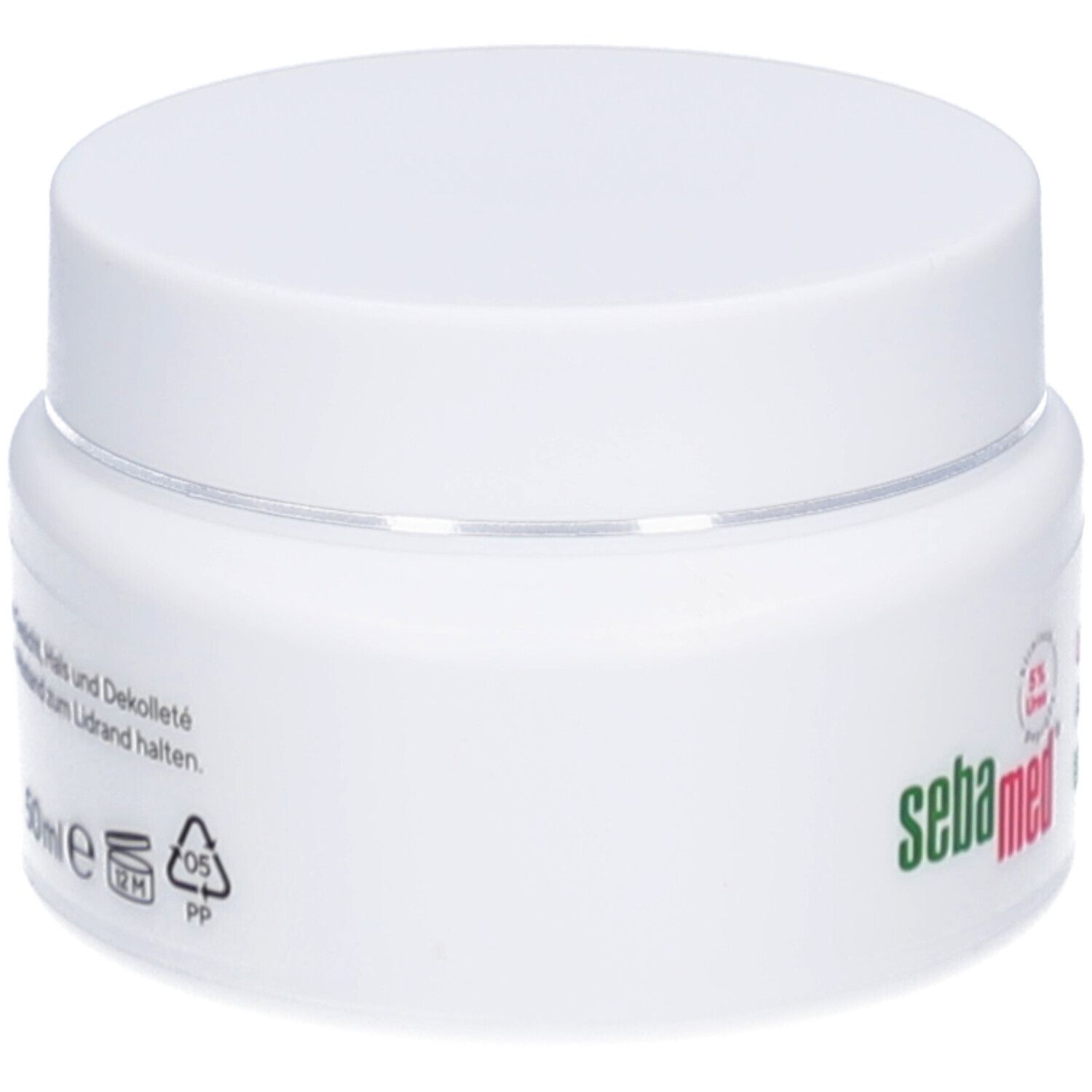 Weiße Creme-Dose mit Deckel. Aufschrift: sebamed. 50ml. Text. Recycling-Symbol. 12M. Made in Germany.