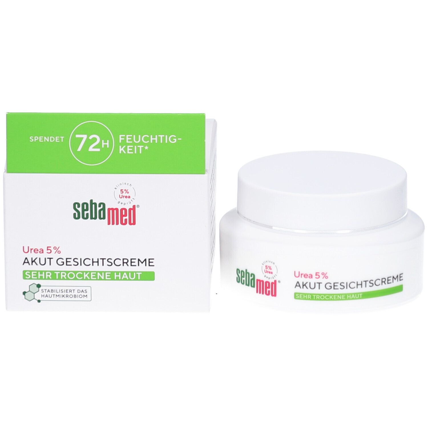 Creme-Dose und Schachtel. Aufschrift: sebamed. 5% Urea. Akut Gesichtscreme. Sehr trockene Haut. 72h Feuchtigkeit.