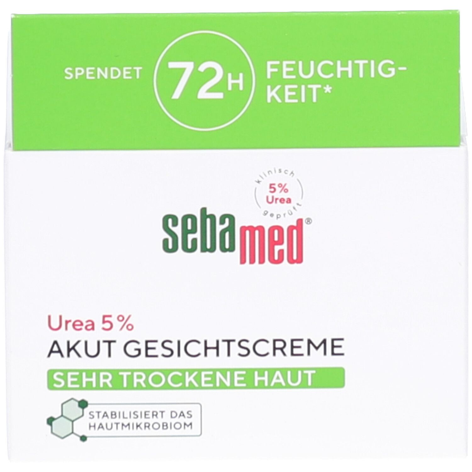 Schachtel. Aufschrift: sebamed. 5% Urea. Akut Gesichtscreme. Sehr trockene Haut. 72h Feuchtigkeit.