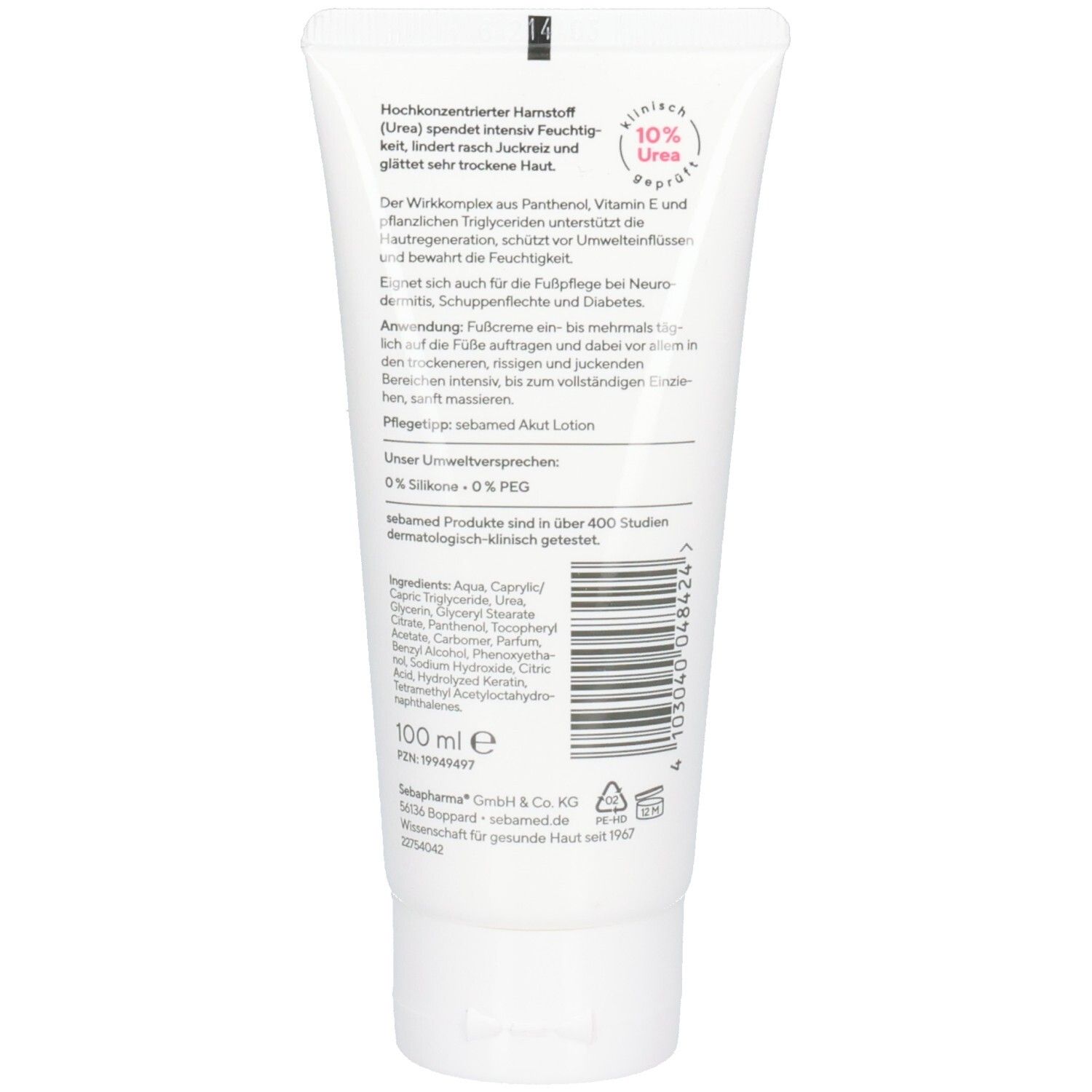 Rückseite der Sebamed Akut Fußcreme Urea 10% Tube mit detaillierten Anwendungshinweisen und Inhaltsstoffen.