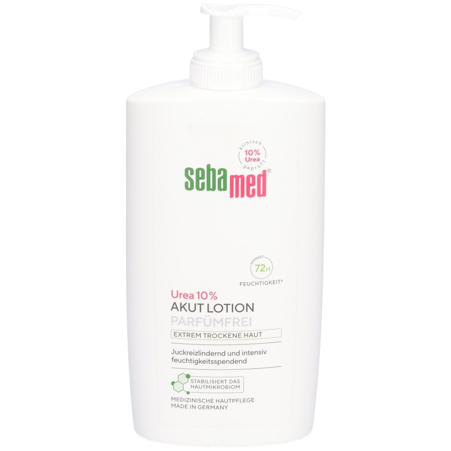 Weiße Flasche mit Dosierpumpe. Aufschrift: Sebamed, Urea 10% Akut Lotion parfumfrei. Medizinische Hautpflege.
