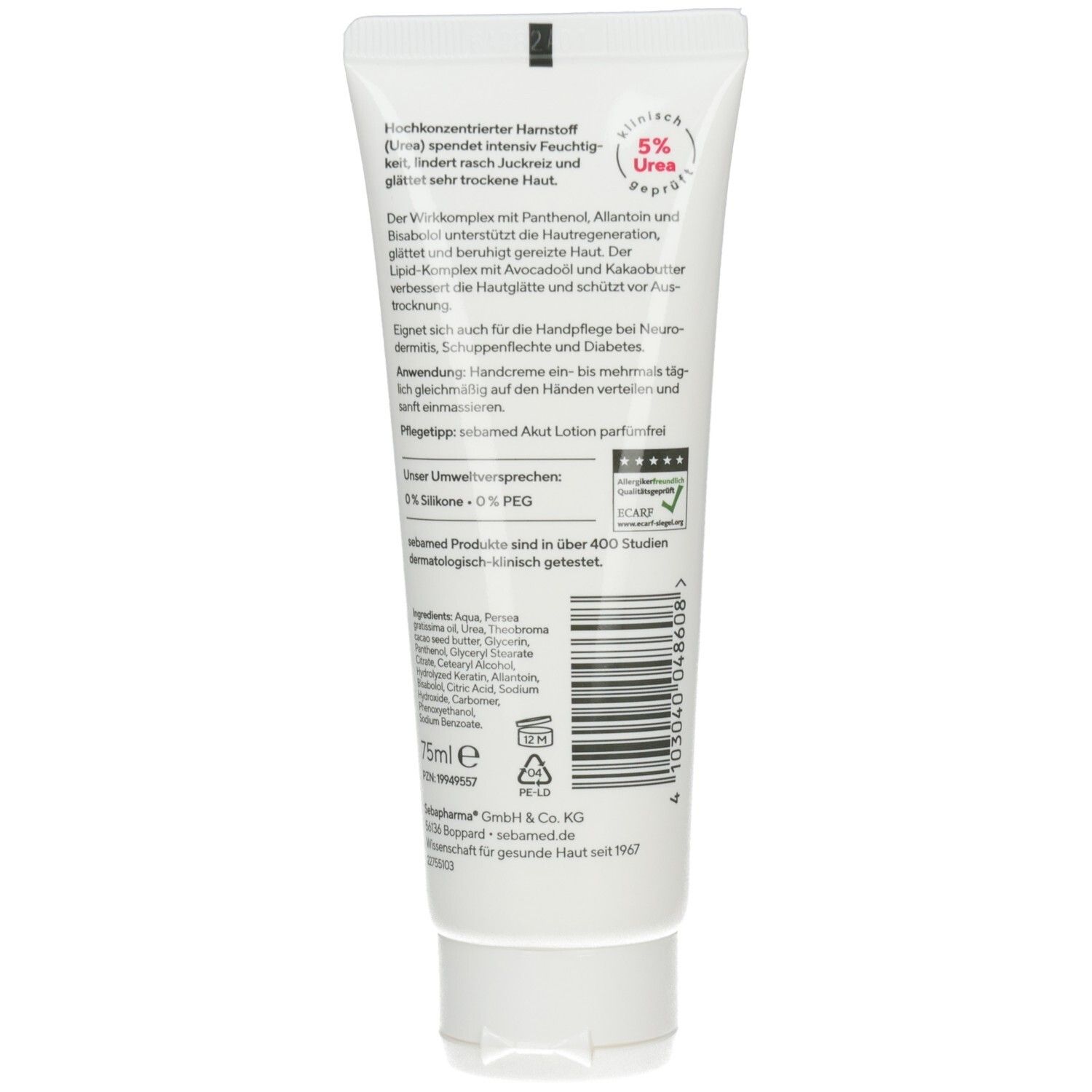 Rückseite der Sebamed Akut Handcreme Urea 5% Tube. Enthält detaillierte Produktinformationen und Inhaltsstoffe.