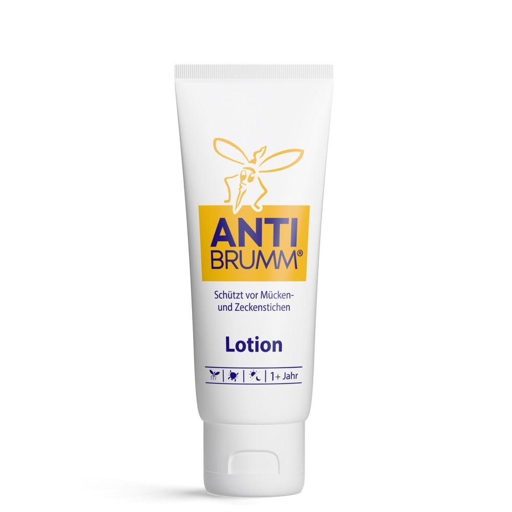 Weiße Tube mit gelbem Etikett. Zeigt eine Mücke und den Schriftzug ANTI BRUMM Lotion. Schützt vor Mücken- und Zeckenstichen.