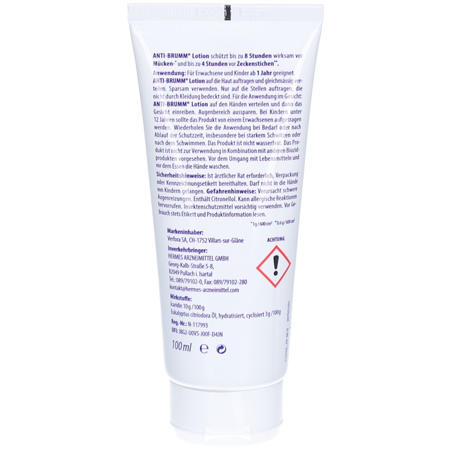 Rückseite einer weißen Tube. Textinformationen, Warnhinweise und Inhaltsstoffe. Logo und Schriftzug ANTI BRUMM®. Volumen: 100ml.