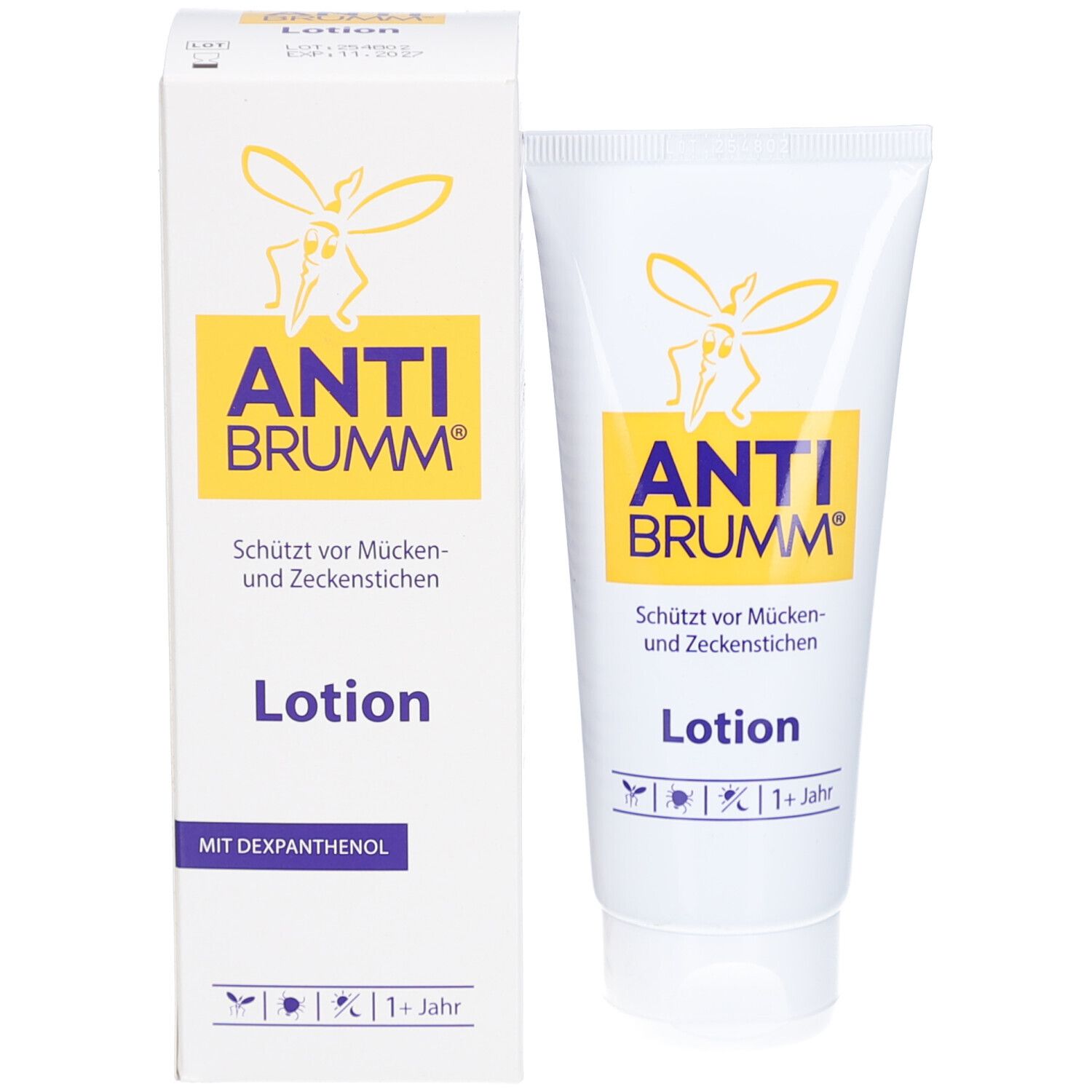 Produktverpackung: Tube und Karton. Tube: weiß mit gelbem Etikett. Karton: weiß mit gelbem Logo und Schriftzug ANTI BRUMM® und Produktbezeichnung Lotion.
