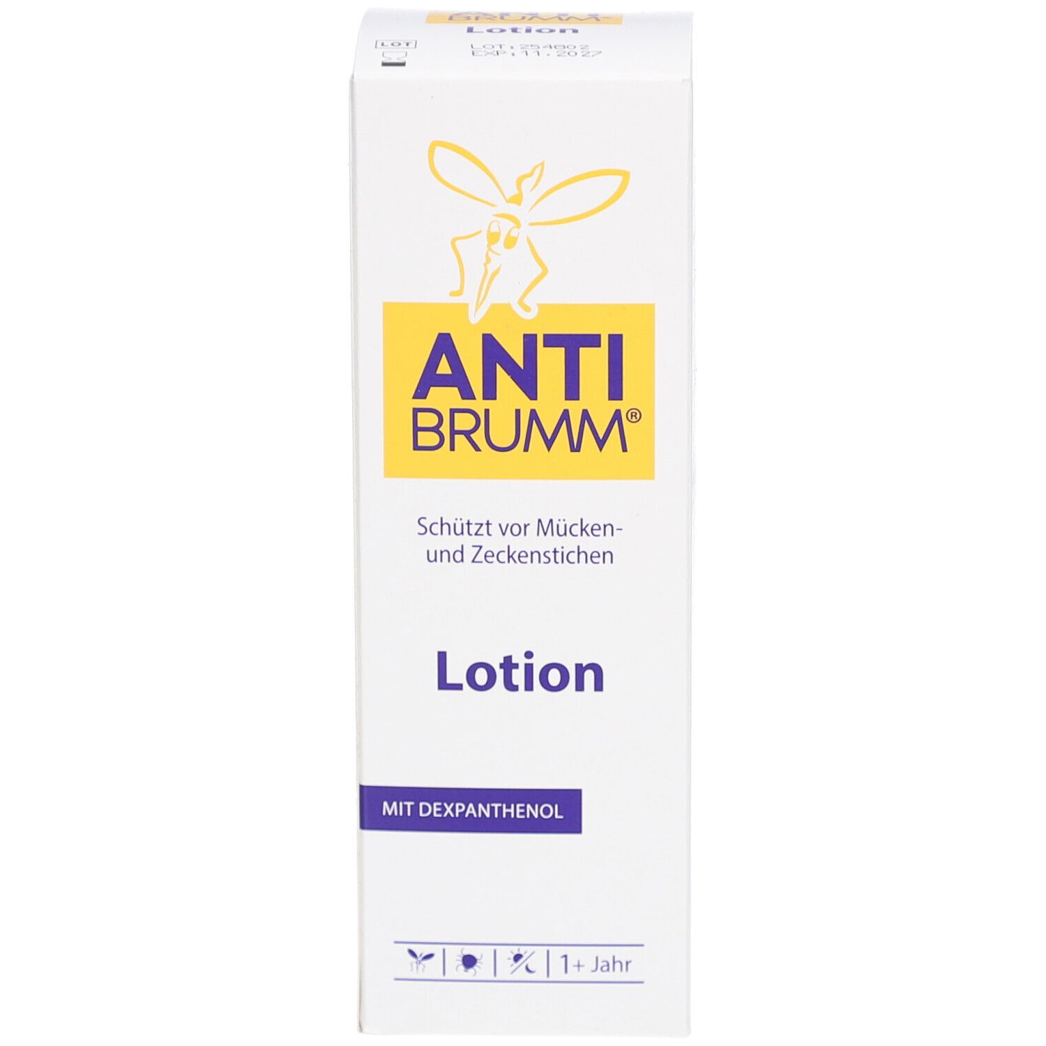 Weißer Karton mit gelbem Logo und Schriftzug ANTI BRUMM®. Text: Schützt vor Mücken- und Zeckenstichen. Produktbezeichnung: Lotion. Mit Dexpanthenol.