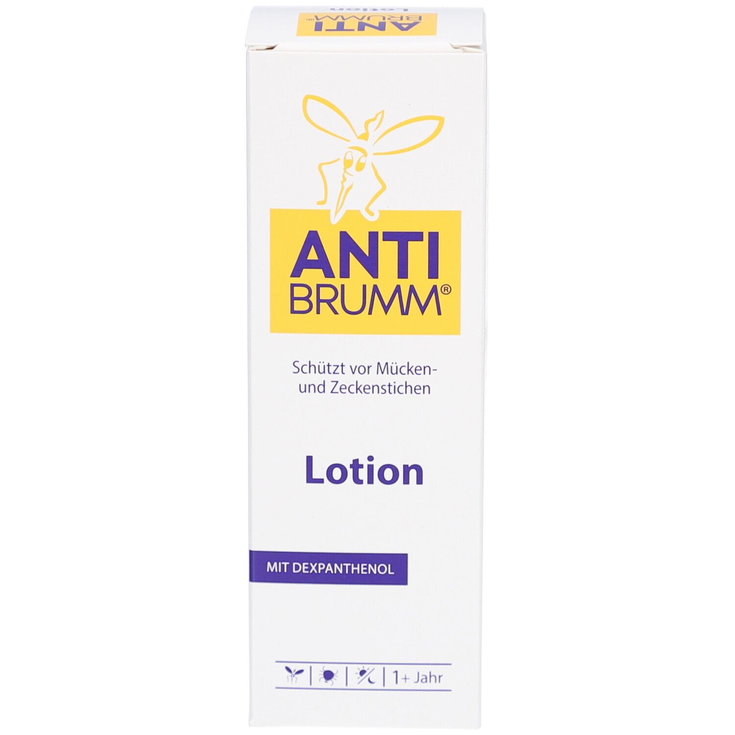 Weißer Karton mit gelbem Logo und Schriftzug ANTI BRUMM®. Text: Schützt vor Mücken- und Zeckenstichen. Produktbezeichnung: Lotion. Mit Dexpanthenol.