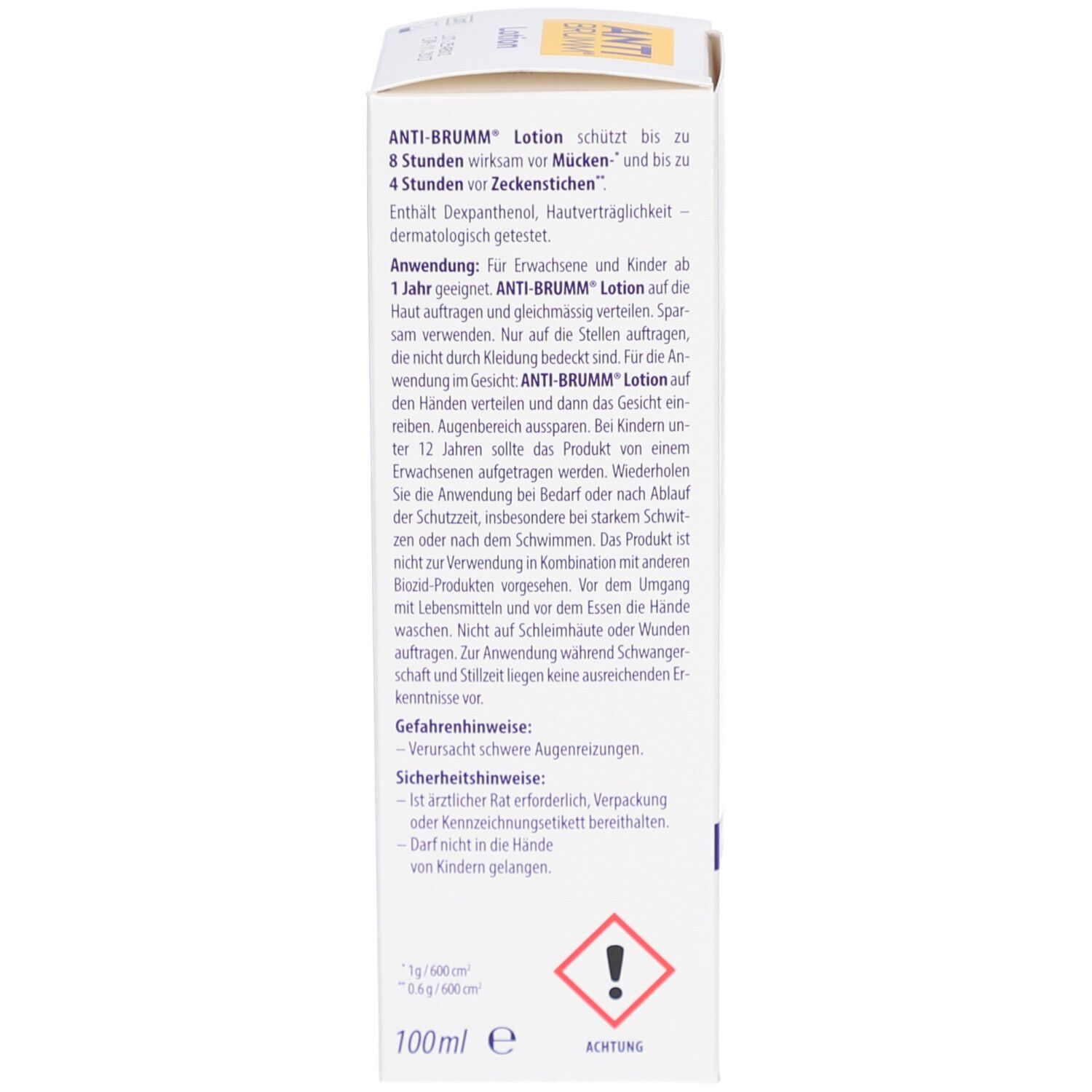 Seite eines weißen Kartons. Textinformationen, Warnhinweise und Inhaltsstoffe. Logo und Schriftzug ANTI BRUMM®. Volumen: 100ml.