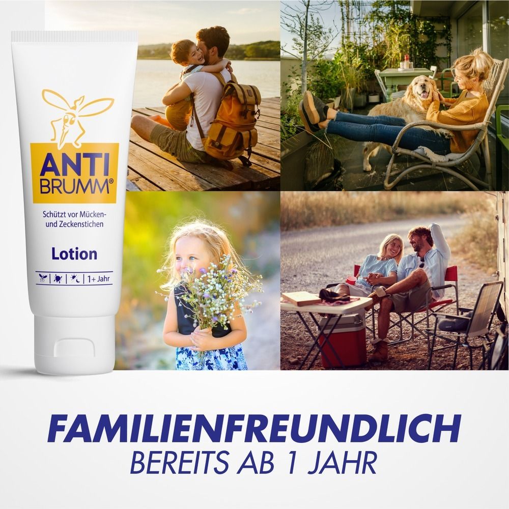 Anti Brumm Lotion Tube mit Abbildungen von Familien und Kindern. Geeignet ab 1 Jahr.