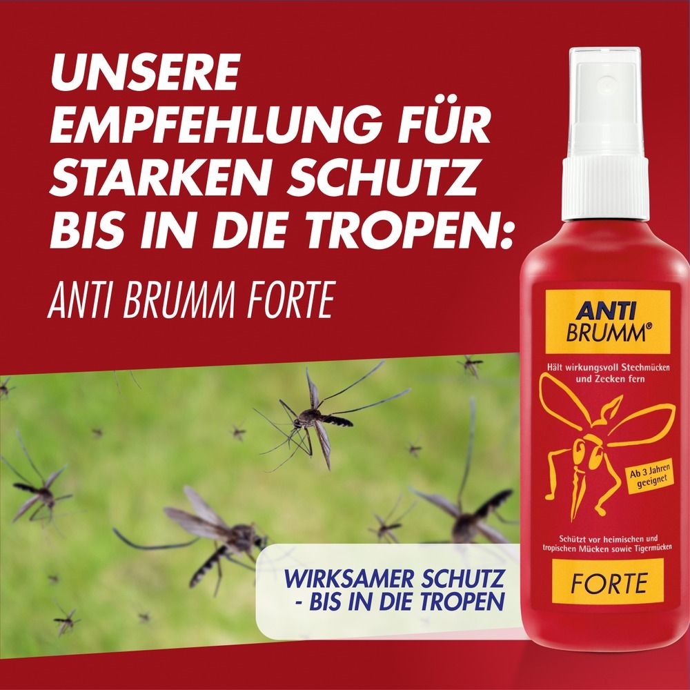 Flasche Anti Brumm Forte Pumpspray mit Abbildung von Mücken.