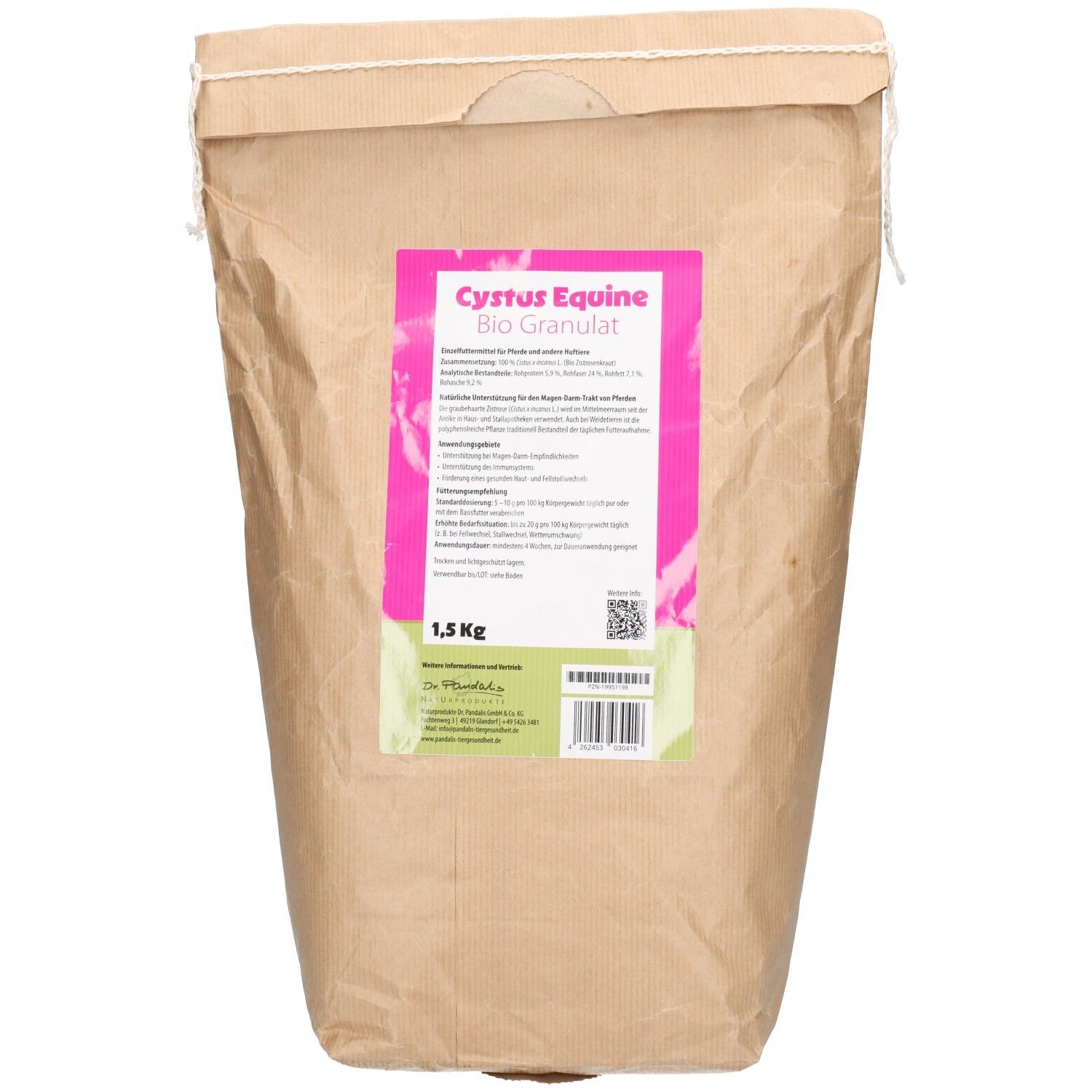 Braune Papiertüte mit detailliertem rosa Etikett. CYSTUS Equine Bio Granulat für Pferde/Huiftiere. 1,5 kg.