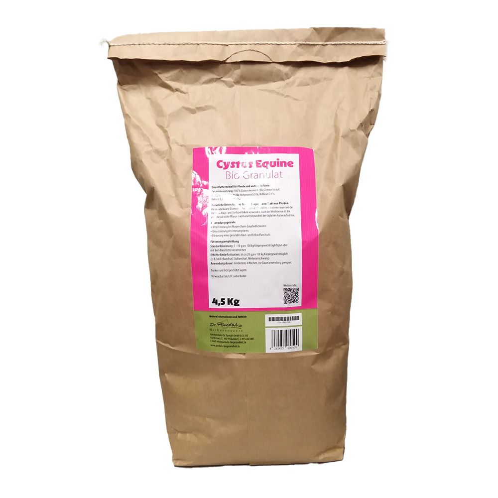 Braune Papiertüte mit rosa und grünen Etiketten. Cystus Equine Bio Granulat für Pferde. 4,5 kg.