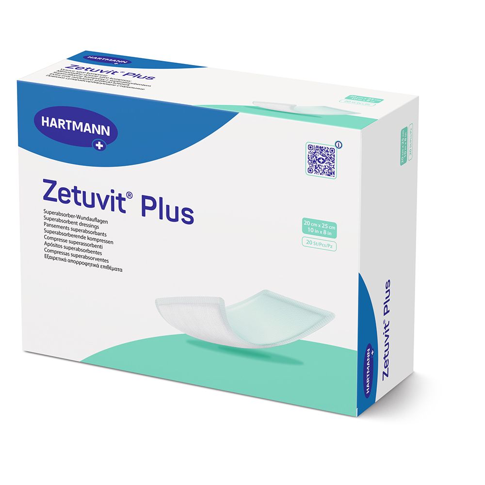 Verpackung Zetuvit Plus Superabsorber-Wundauflagen, steril, 20 x 25 cm.