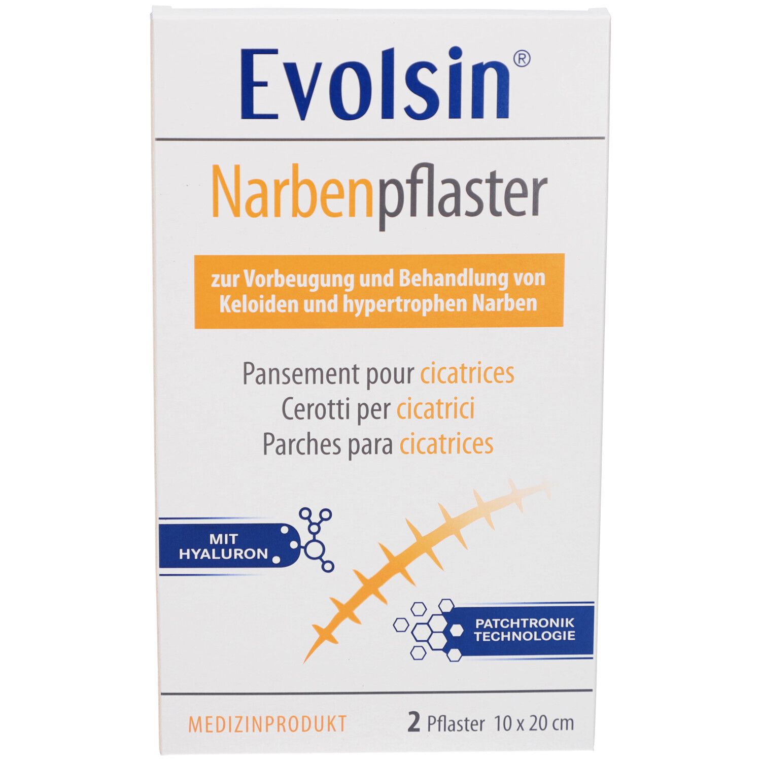 Verpackung mit Produktnamen Evolsin Narbenpflaster. Enthält 2 Pflaster, 10x20 cm. Mit Hyaluron und Patchtronik Technologie. Medizinprodukt.
