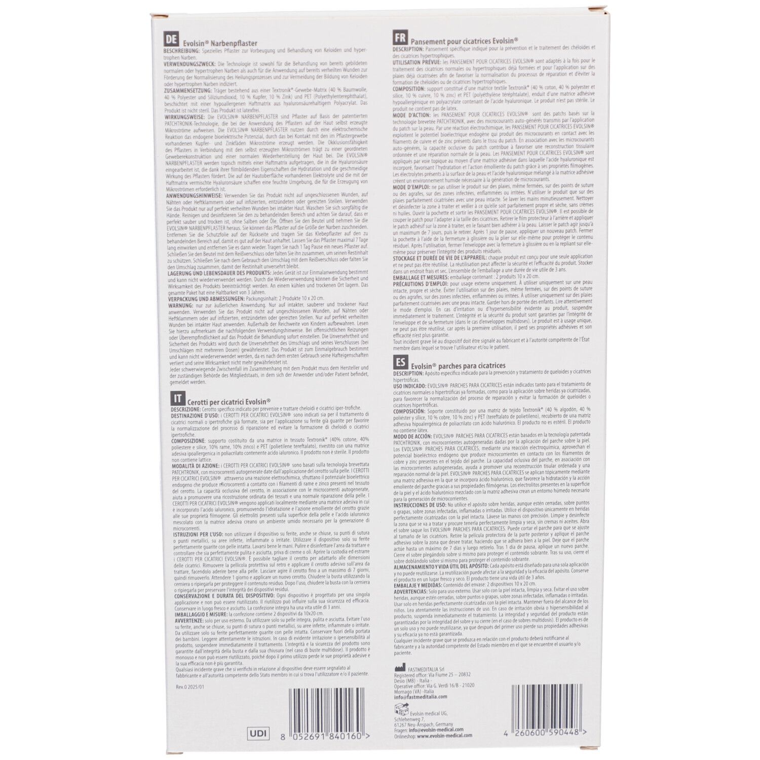 Rückseite der Evolsin Narbenpflaster Verpackung. Text in Deutsch, Französisch, Italienisch und Spanisch. Informationen zum Produkt.