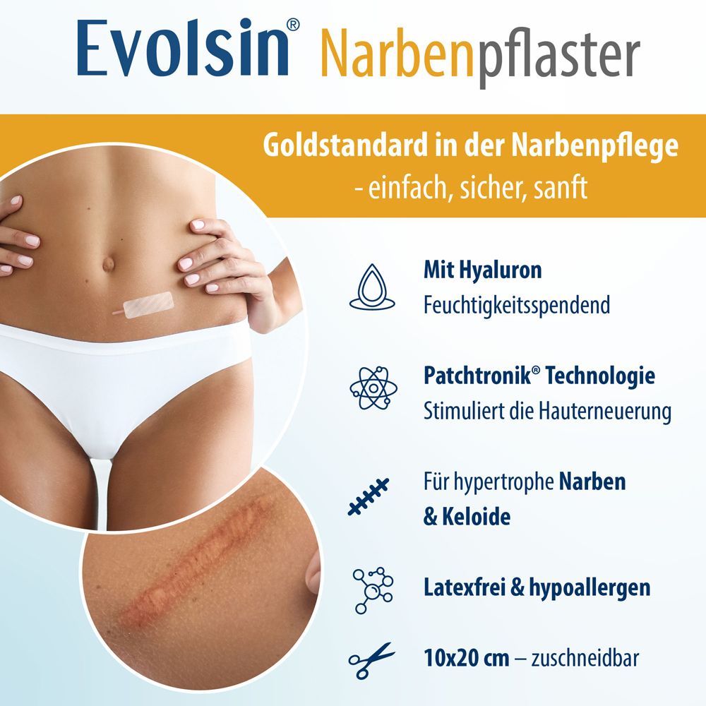Werbung für Narbenpflaster. Abgebildet: Bauch mit Pflaster, Narbe, Text: Mit Hyaluron, Patchtronik Technologie, 10x20 cm.