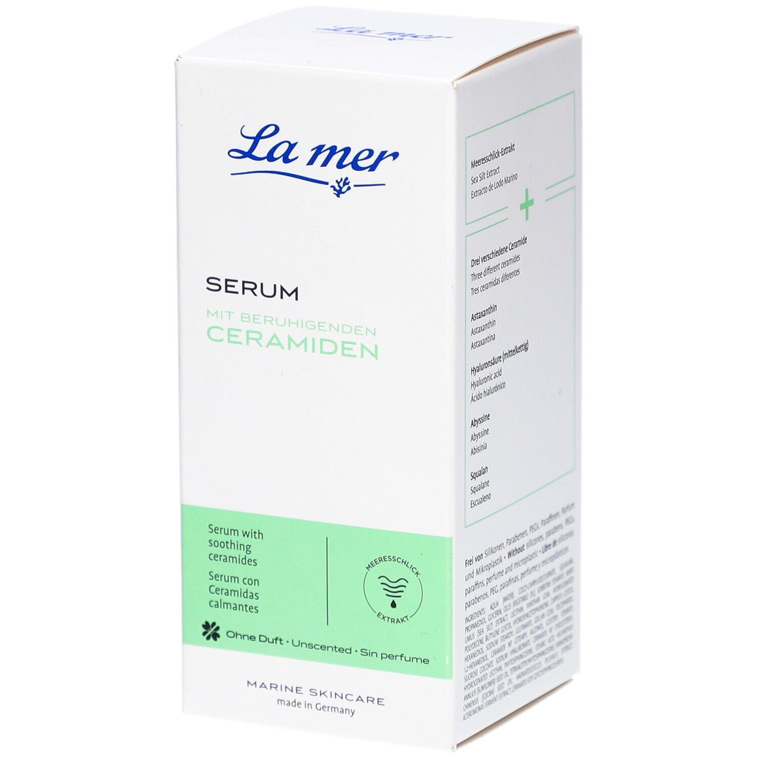 Weiße Schachtel mit "La mer"-Logo und Produktbezeichnung "Serum mit beruhigenden Ceramiden". Grün hinterlegter Bereich mit Text.