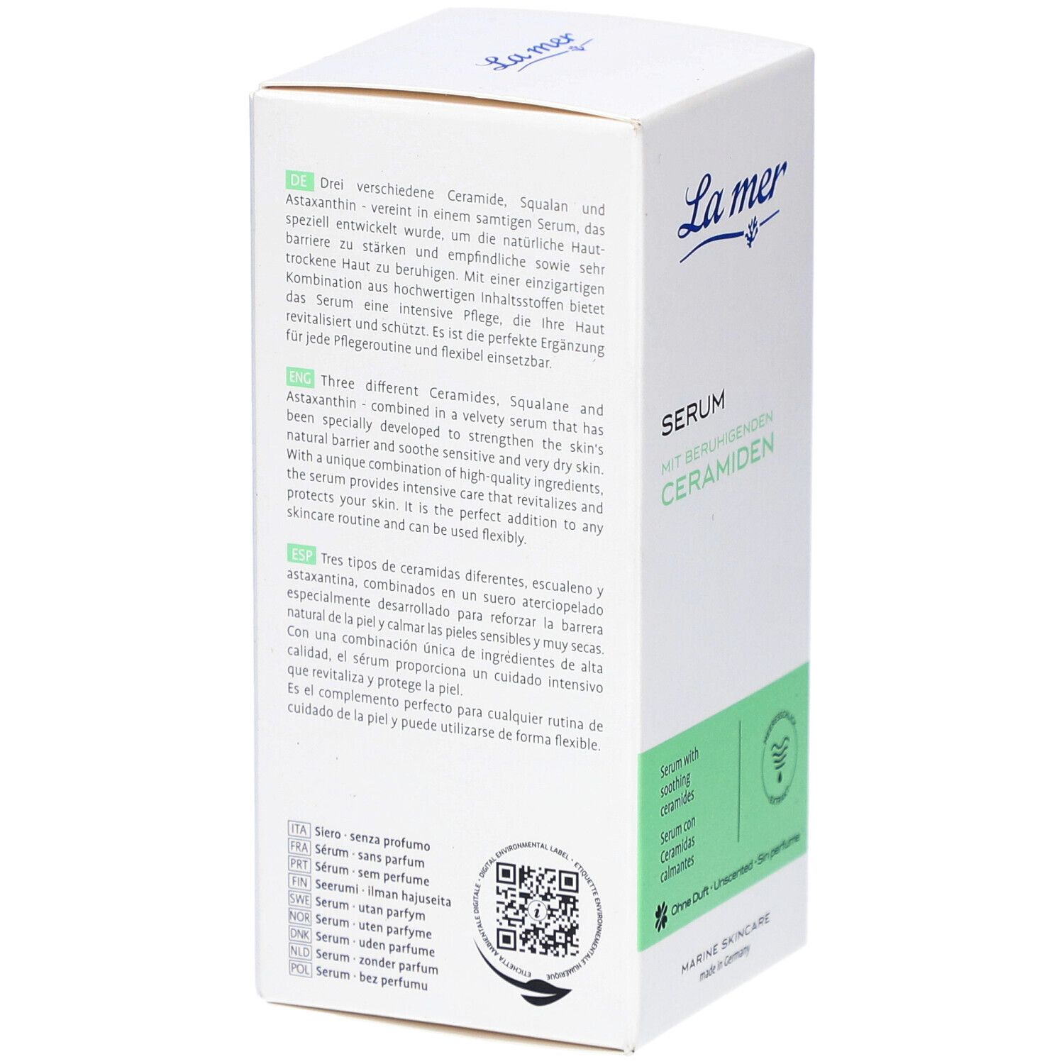Weiße Schachtel mit Text in verschiedenen Sprachen. QR-Code und Logo "La mer" auf der Seite. "Marine Skincare"-Logo.