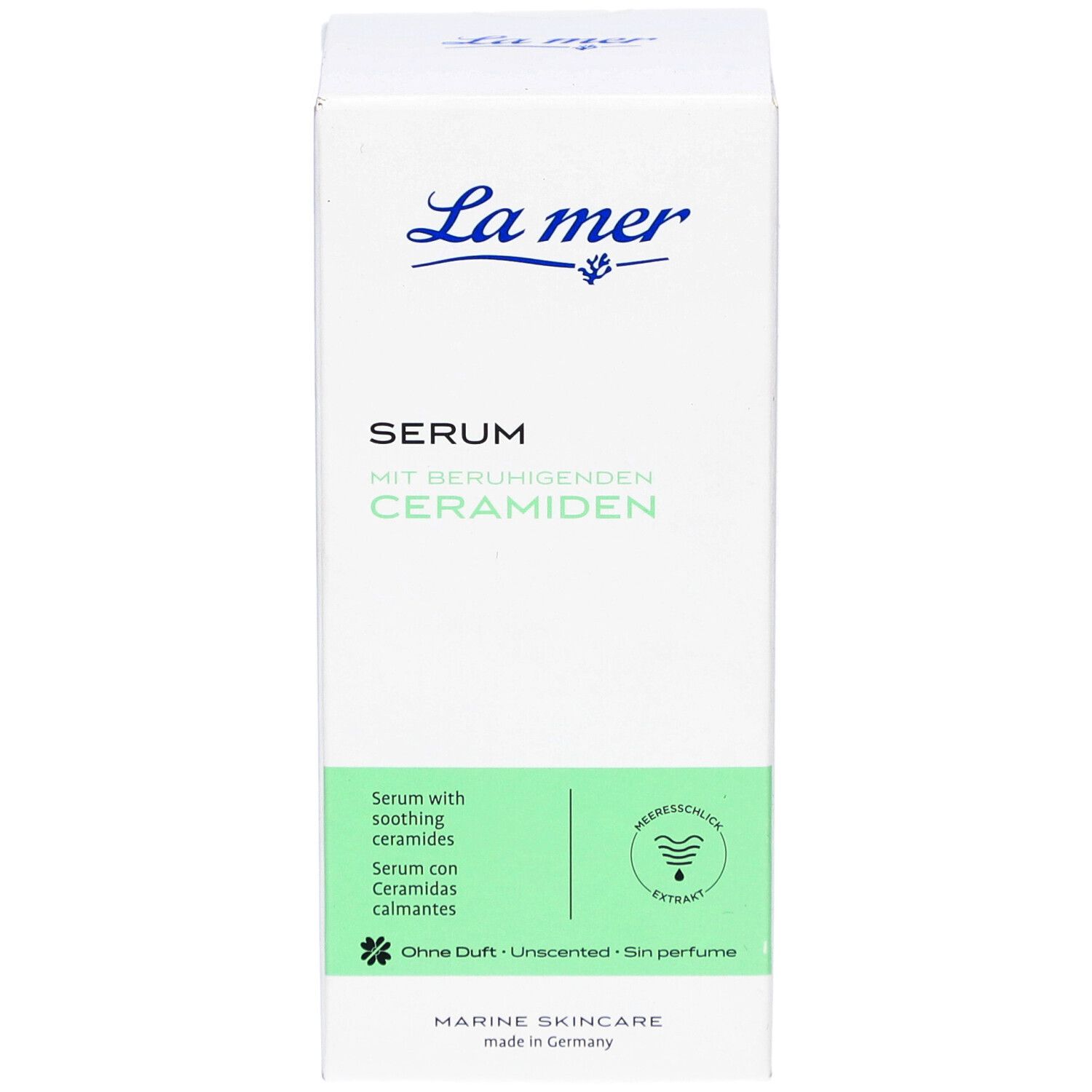 Weiße Schachtel mit "La mer"-Logo und Produktbezeichnung "Serum mit beruhigenden Ceramiden". Grün hinterlegter Bereich mit Text.