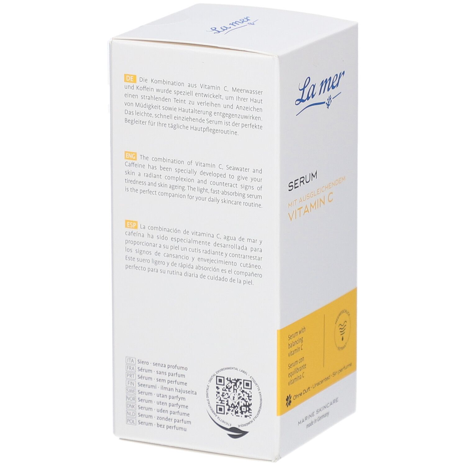 Verpackung mit La mer-Logo und Produktinformationen. Text in Deutsch, Englisch, Spanisch und Italienisch. QR-Code.