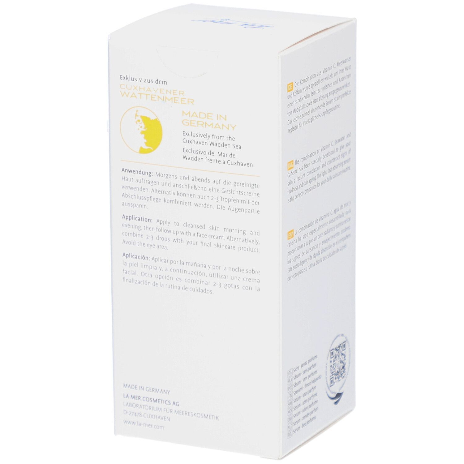 Verpackung mit La mer-Logo und Produktinformationen. Text in Deutsch, Englisch, Spanisch. Hergestellt in Deutschland.