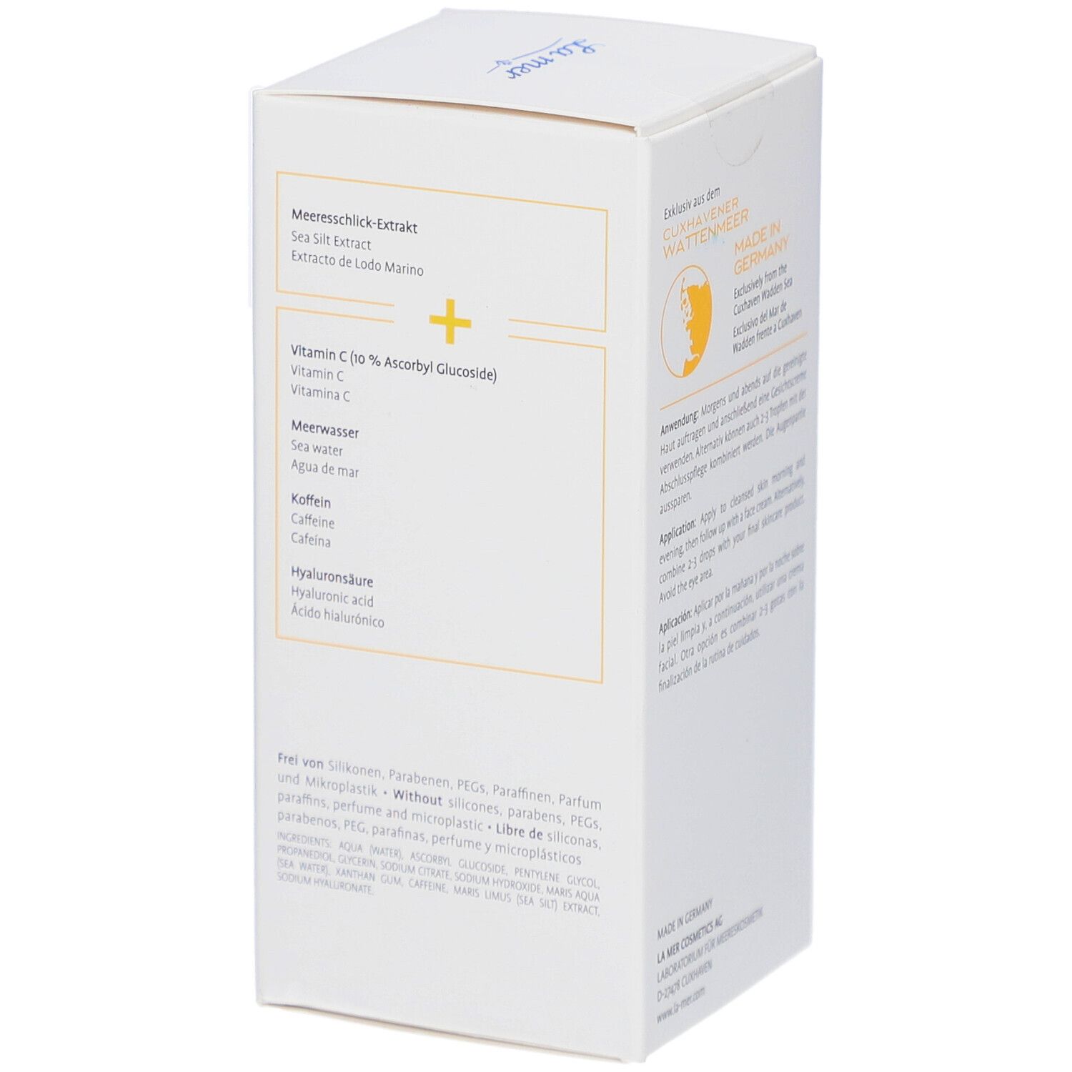 Verpackung mit La mer-Logo und Inhaltsstoffliste: Meeresschlick-Extrakt, Vitamin C, Meerwasser, Koffein, Hyaluronsäure.