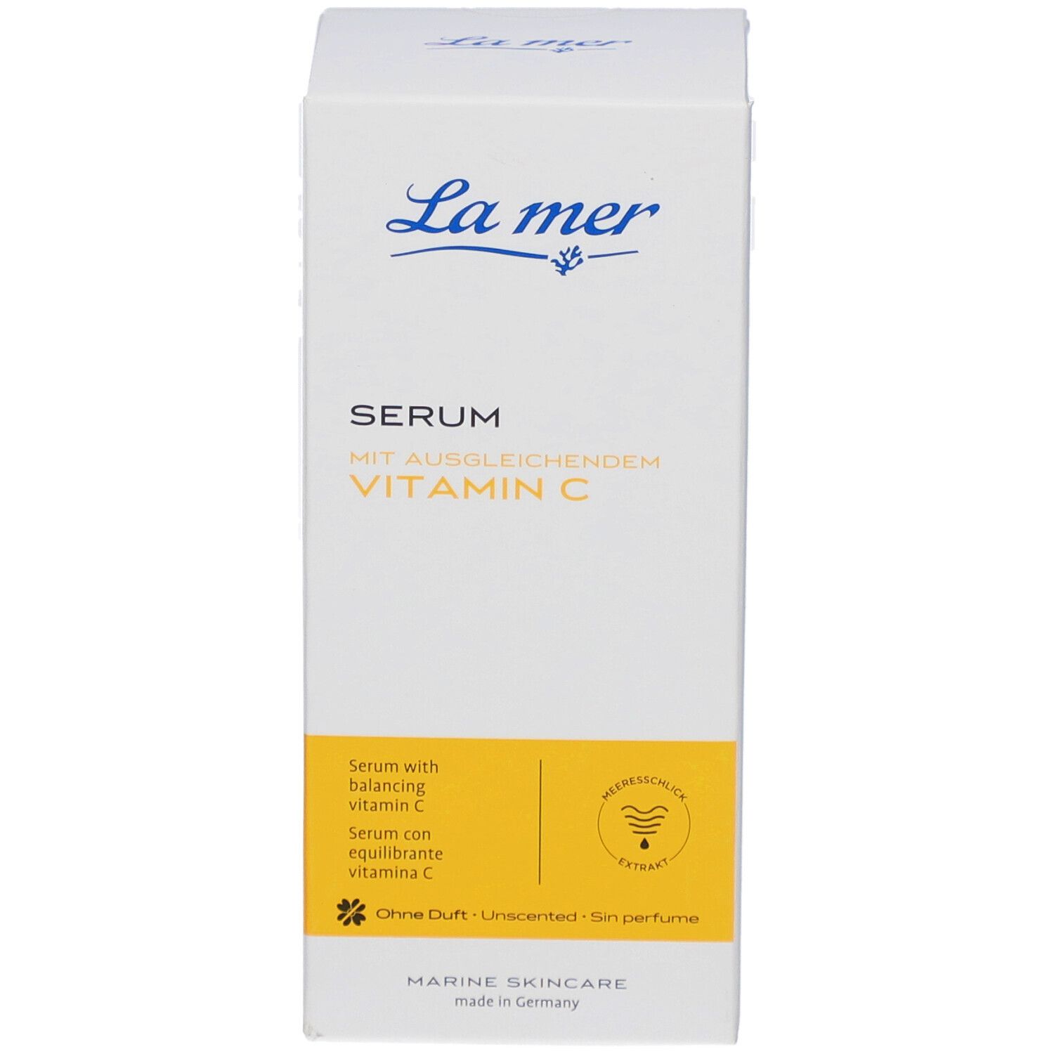 Weiße Verpackung mit La mer-Logo und Produktbezeichnung: Serum mit ausgleichendem Vitamin C. Gelber Akzent.