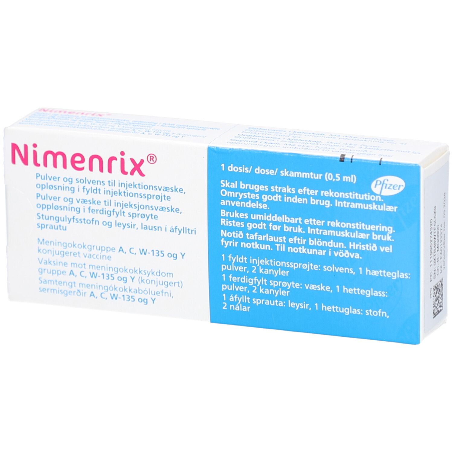 Karton von Nimenrix. Aufschrift: Pulver und Lösungsmittel zur Herstellung einer Injektionslösung. Enthält eine Fertigspritze, Kanülen und Nadeln.