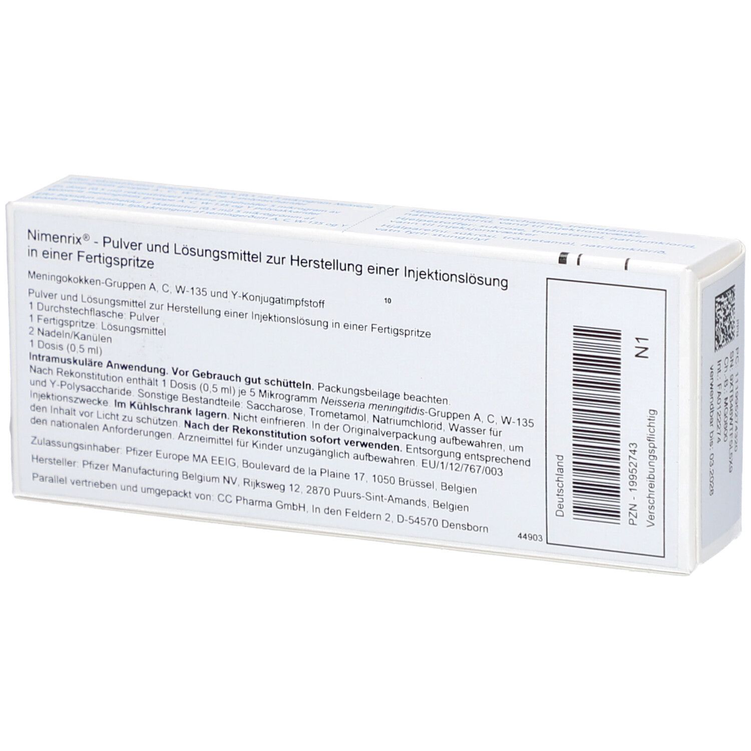 Karton von Nimenrix. Aufschrift: Pulver und Lösungsmittel zur Herstellung einer Injektionslösung. Mit Barcode und PZN-Nummer.