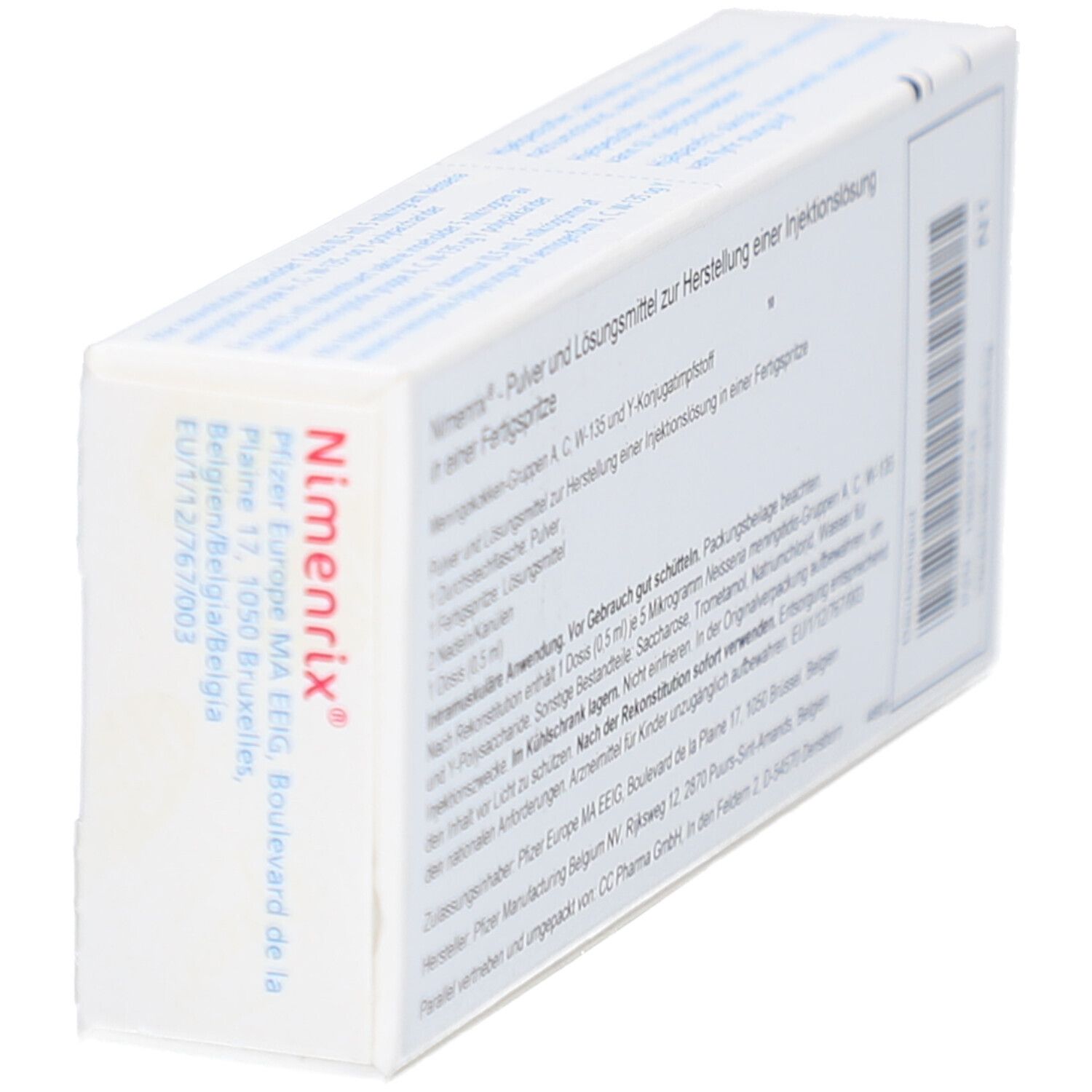 Karton von Nimenrix. Aufschrift: Pulver und Lösungsmittel zur Herstellung einer Injektionslösung. Mit Barcode.