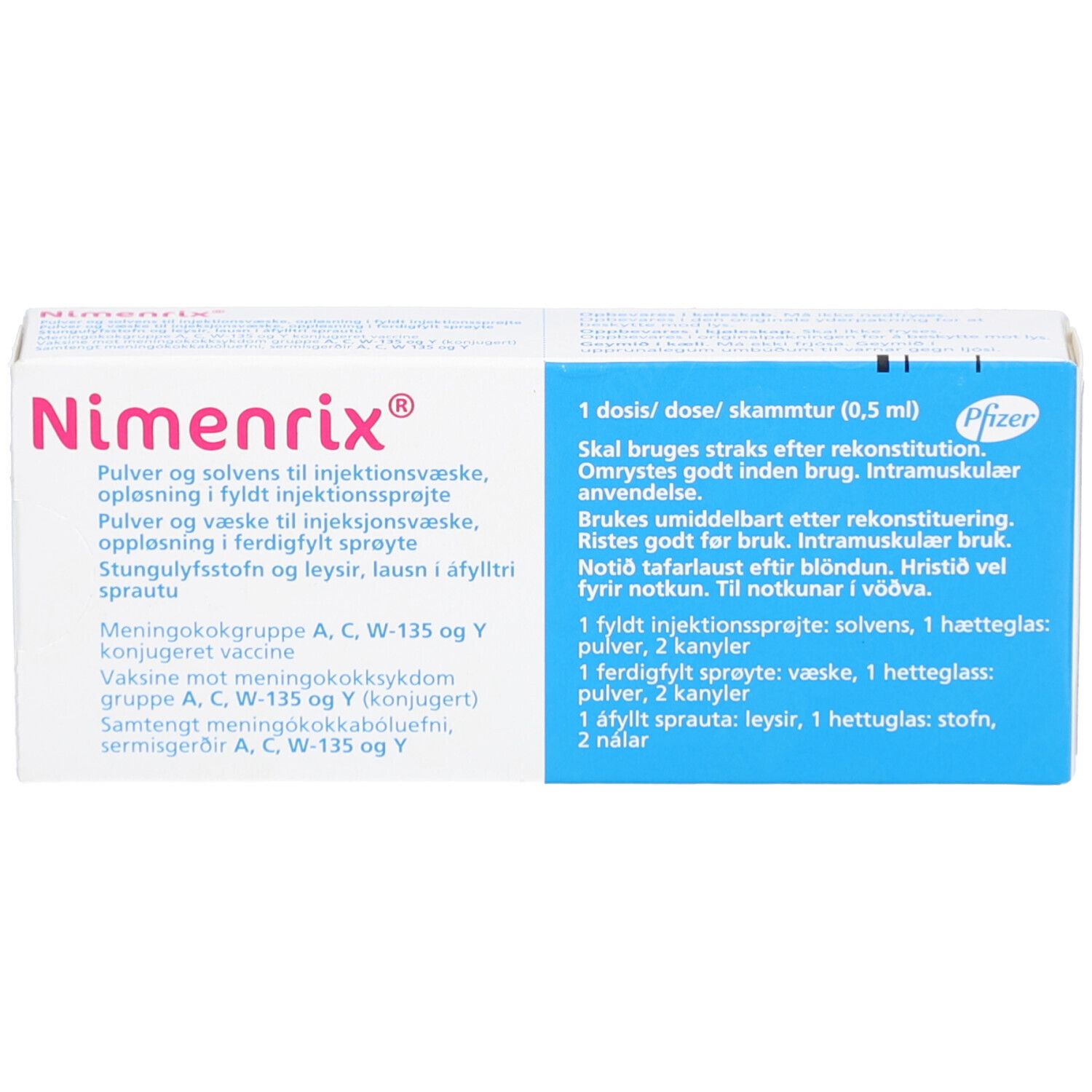 Karton von Nimenrix. Aufschrift: Pulver und Lösungsmittel zur Herstellung einer Injektionslösung. Enthält eine Fertigspritze, Kanülen und Nadeln.