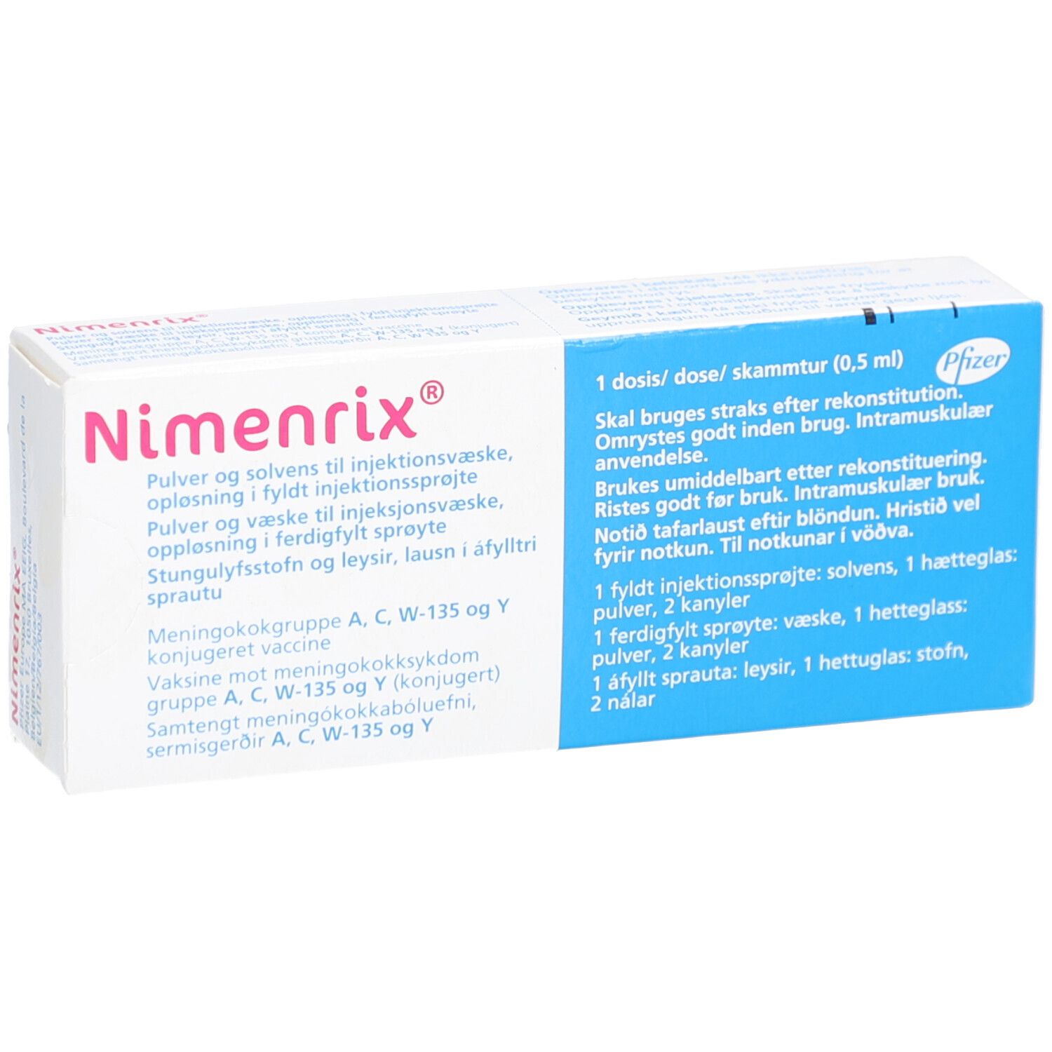 Karton von Nimenrix. Aufschrift: Pulver und Lösungsmittel zur Herstellung einer Injektionslösung. Enthält eine Fertigspritze, Kanülen und Nadeln.