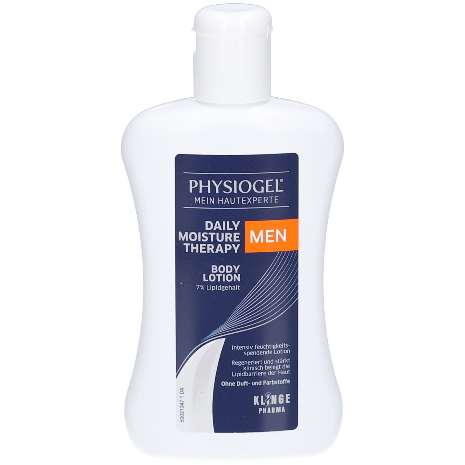 Weiße Flasche PHYSIOGEL® Daily Moisture Therapy MEN Body Lotion. Blaues Etikett mit Produktinformationen. Deckel oben.