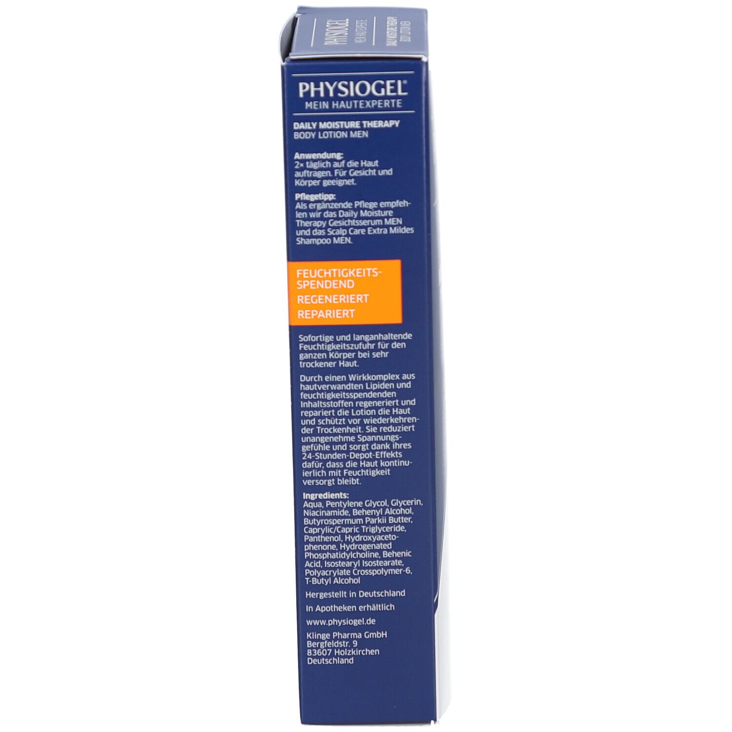 Seite der blauen Verpackung PHYSIOGEL® Daily Moisture Therapy MEN Body Lotion. Textinformationen.