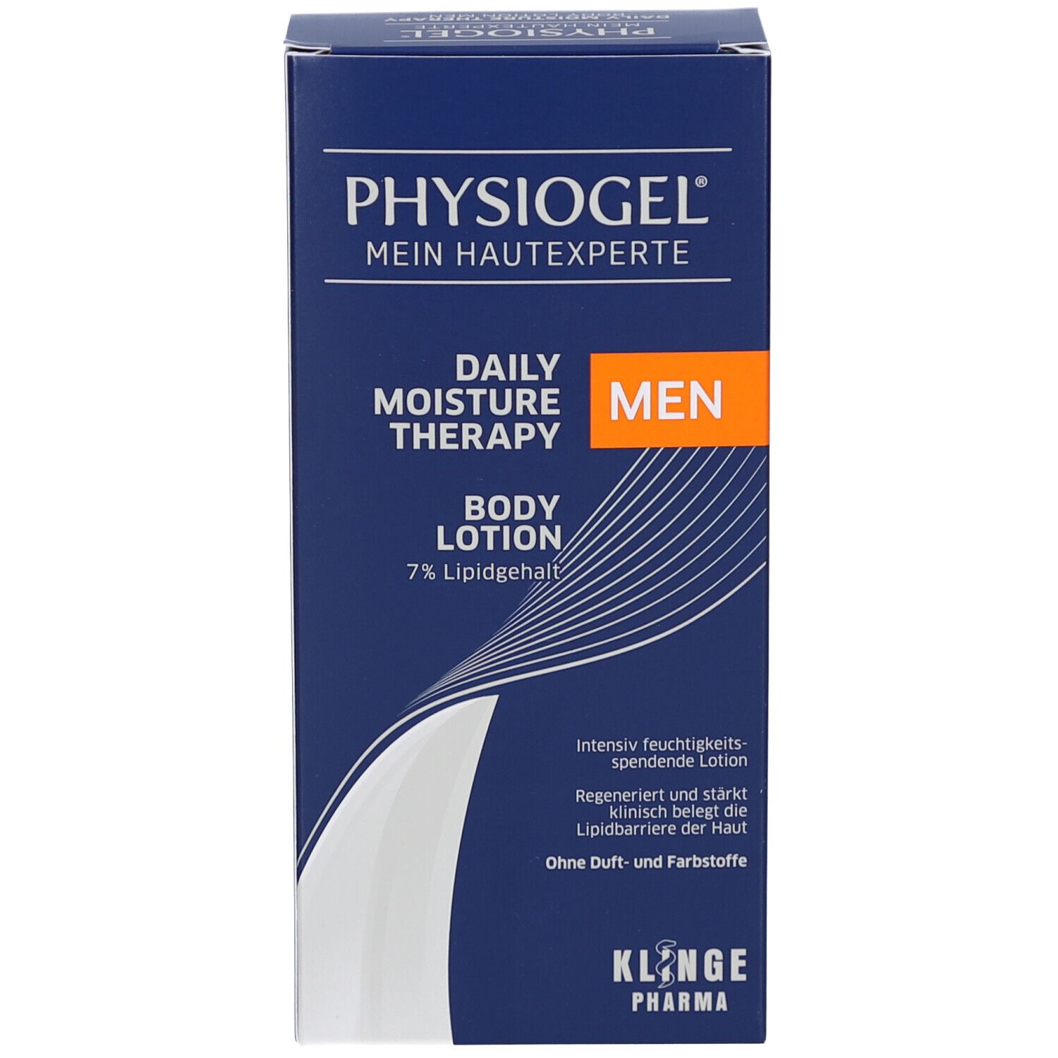 Blaue Verpackung PHYSIOGEL® Daily Moisture Therapy MEN Body Lotion. Produktname und Informationen auf der Vorderseite.