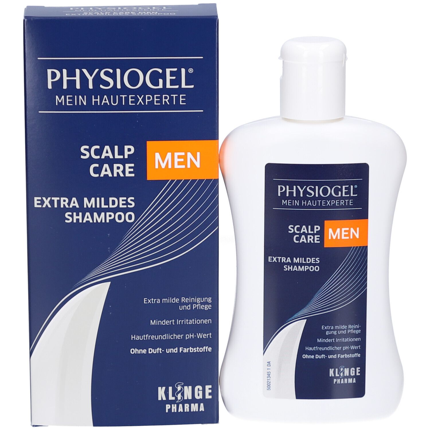 Shampoo-Flasche und Karton. Aufschrift: PHYSIOGEL, SCALP CARE MEN, Extra Mildes Shampoo. Blaue Verpackung.