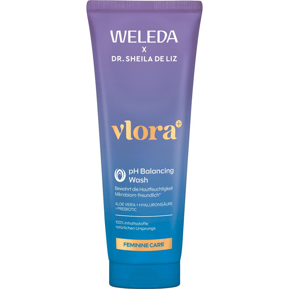 Weleda Vlora+ pH Balancing Wash. Tube mit lila-blauem Farbverlauf. Text: pH Balancing Wash, Aloe Vera, Hyaluronsäure, Inulin, Feminine Care.