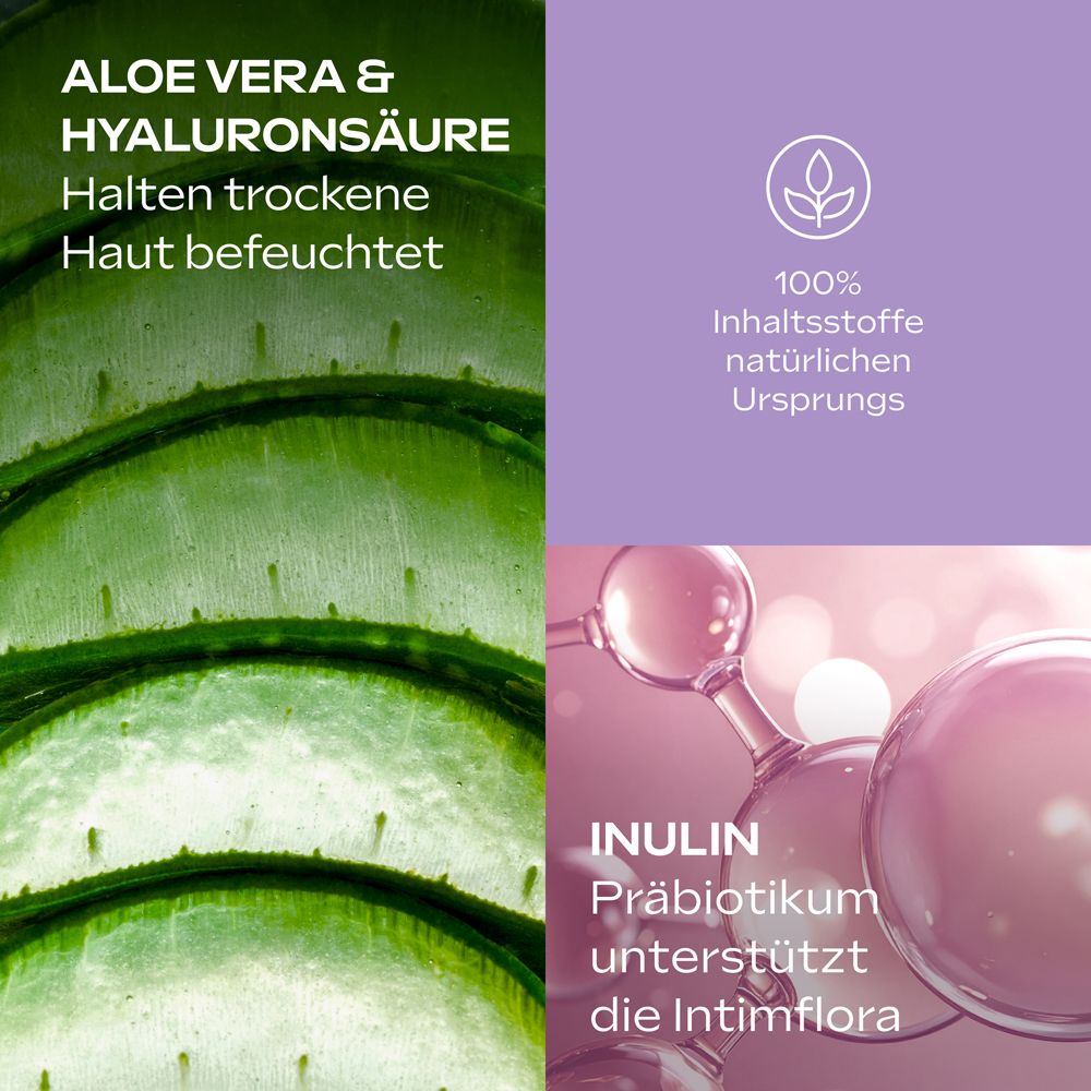 Aloe Vera & Hyaluronsäure, Inulin. Text: Aloe Vera & Hyaluronsäure: halten trockene Haut befeuchtet. Inulin: unterstützt die Intimflora.