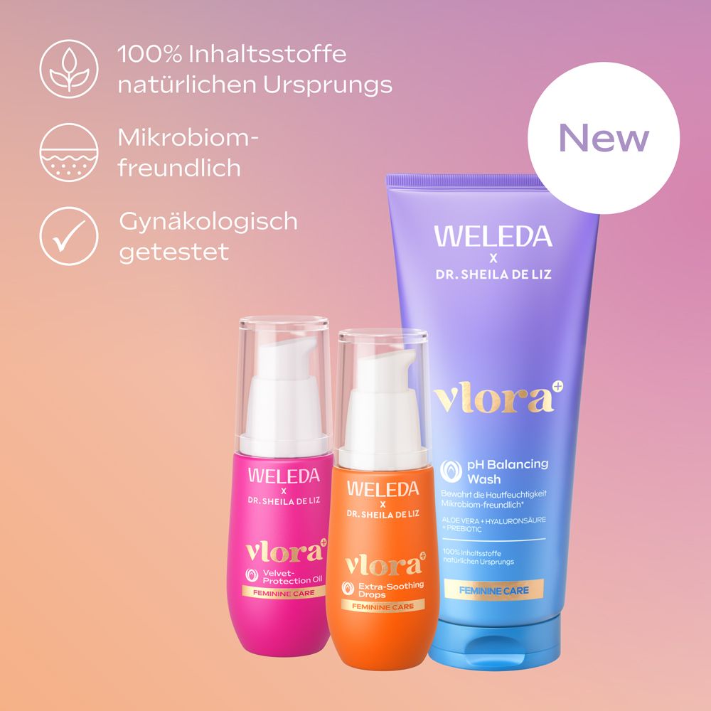 Weleda Vlora+ Produkte: pH Balancing Wash, Extra-Soothing Drops, Velvet Protection Oil. Text: 100% Inhaltsstoffe natürlichen Ursprungs.