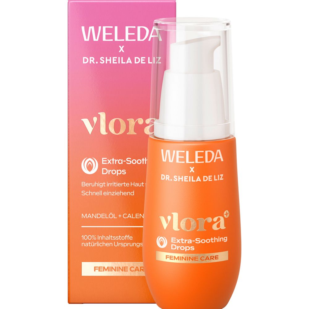 Weleda Vlora+ Extra-Soothing Drops. Orange Flasche mit Pumpe und Verpackung. Rosa-weißes Etikett mit Produktinformationen.
