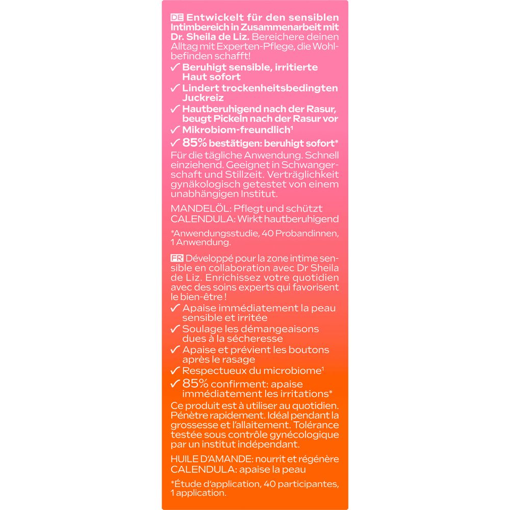 Text auf der Verpackung: Entwickelt für den sensiblen Intimbereich. Beruhigt, lindert Juckreiz, beugt Pickeln vor. 85% bestätigen sofortige Beruhigung.