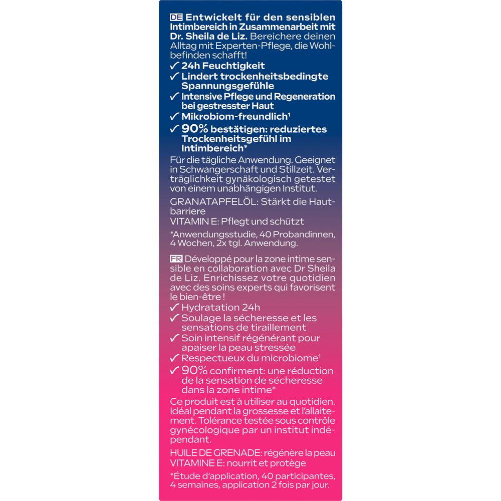 Blaue Verpackung mit Text. Enthält Informationen über das Produkt und seine Vorteile. Text in Deutsch und Französisch.