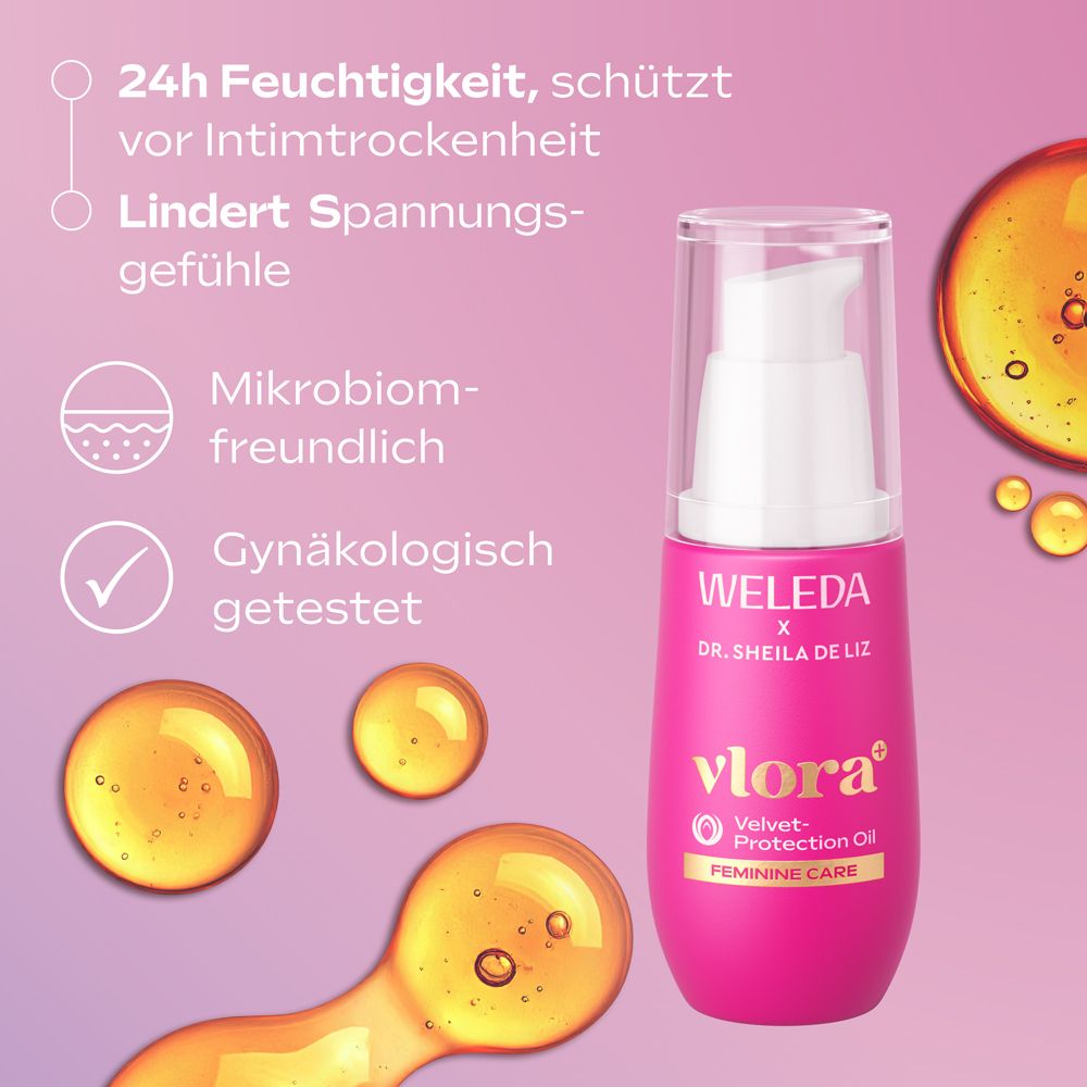 Pinke Flasche Weleda Vlora+ Velvet Protection Oil. Gelbe Flüssigkeitstropfen. Text: 24h Feuchtigkeit, gynäkologisch getestet.