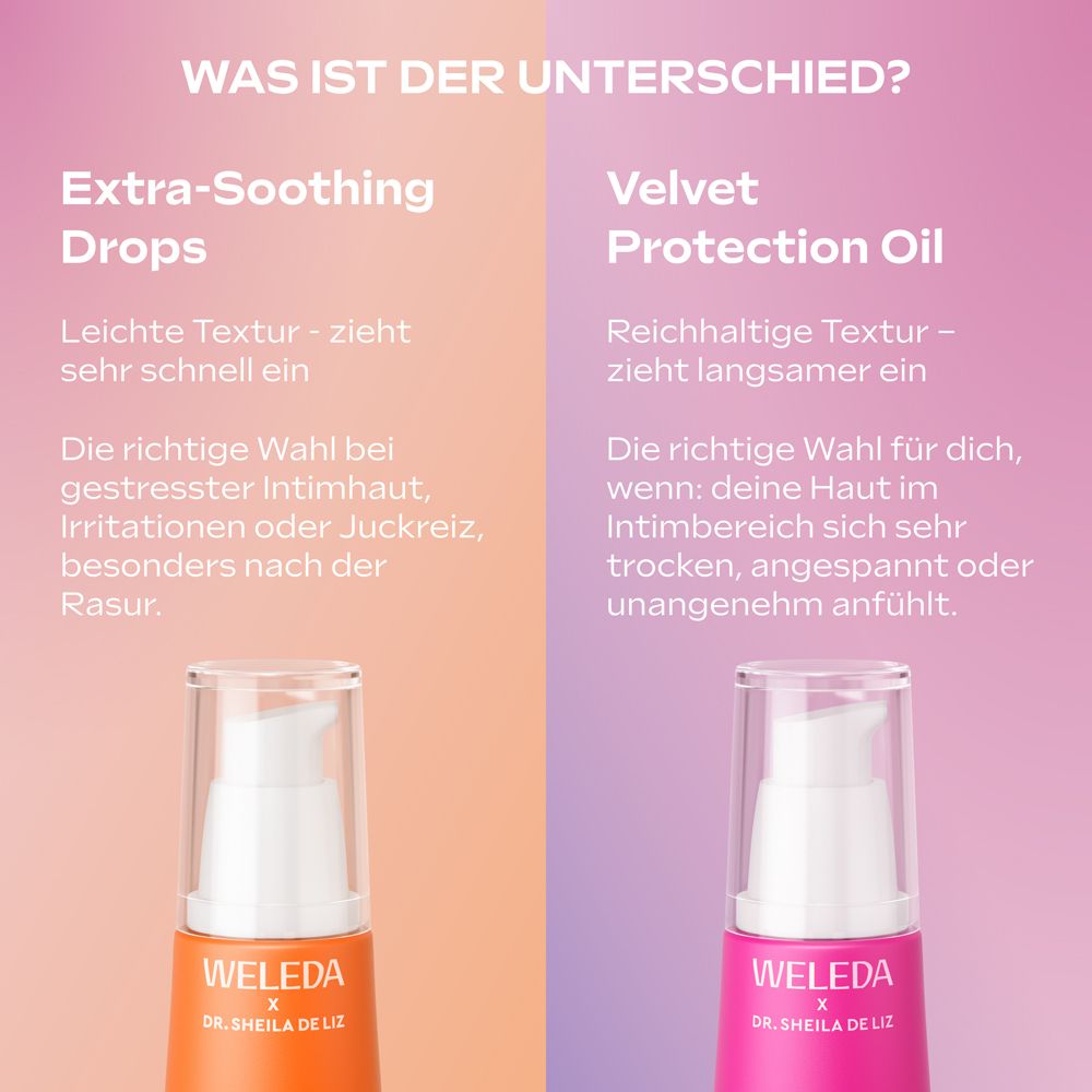 Vergleich von Extra-Soothing Drops und Velvet Protection Oil. Text: Unterschiede in Textur und Anwendung.